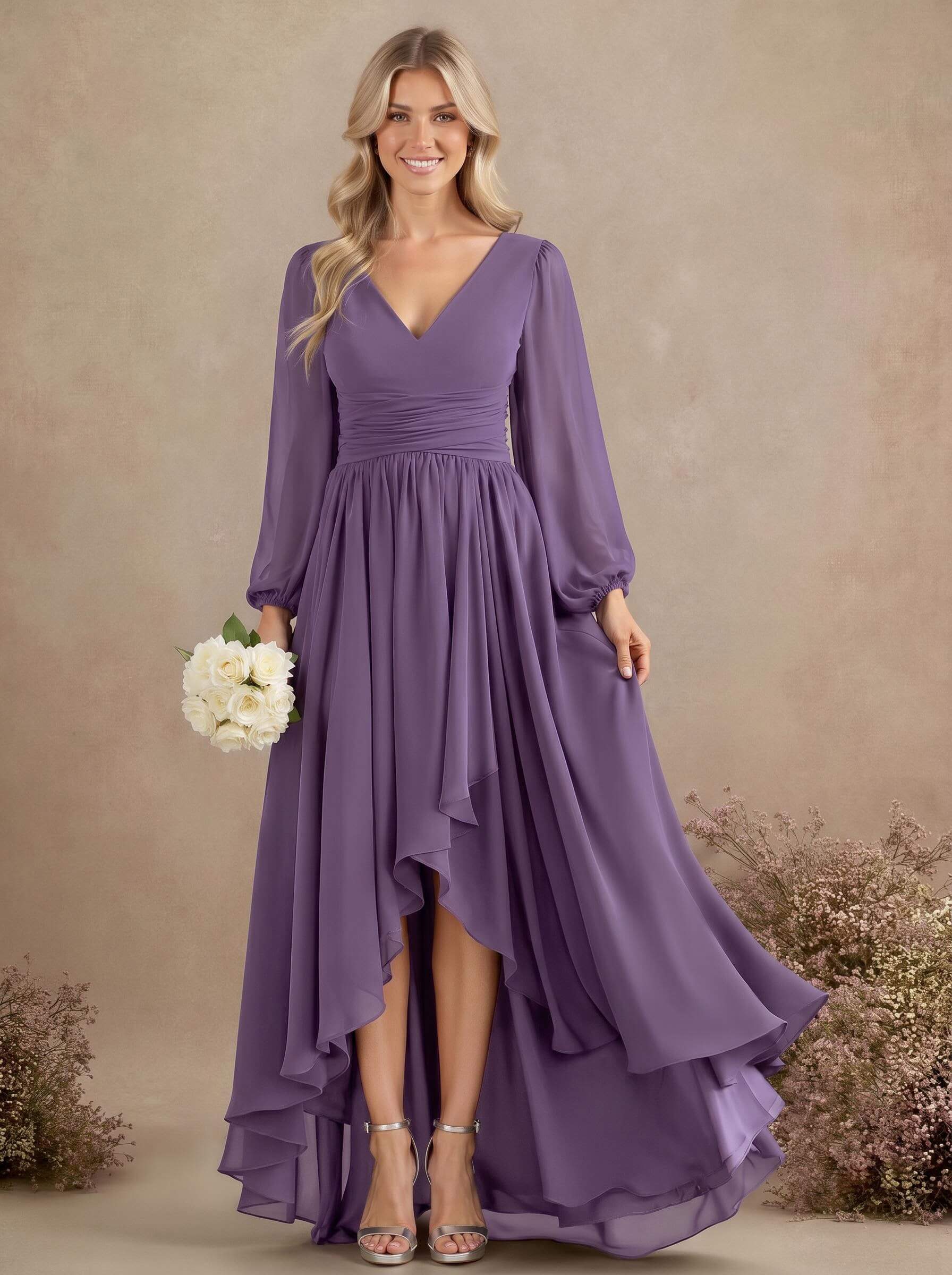 A-Line V-Neck Long Sleeves Floor-Length Chiffon Bridesmaid Dresses With Pleated, product image 34