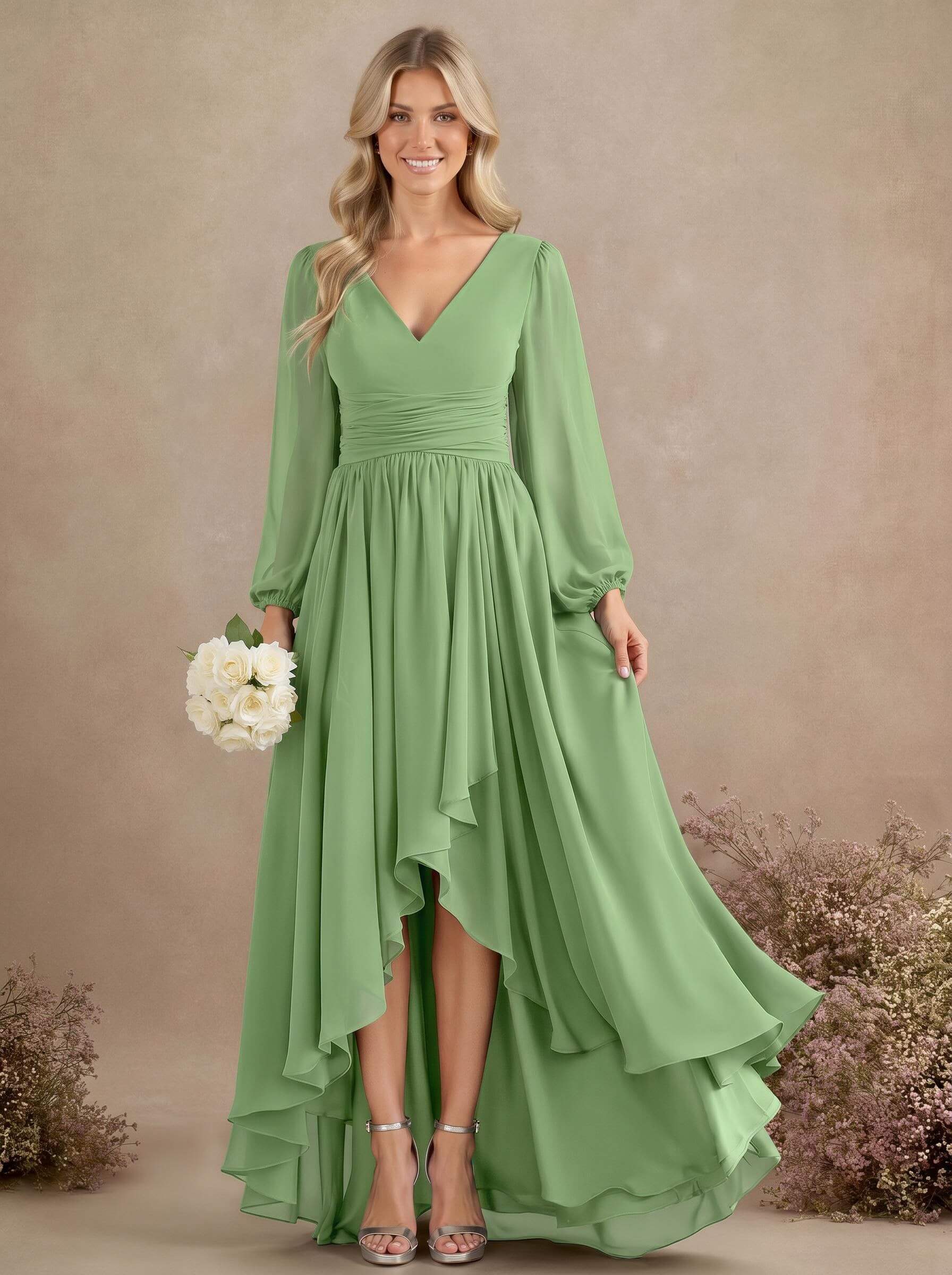 A-Line V-Neck Long Sleeves Floor-Length Chiffon Bridesmaid Dresses With Pleated, product image 67