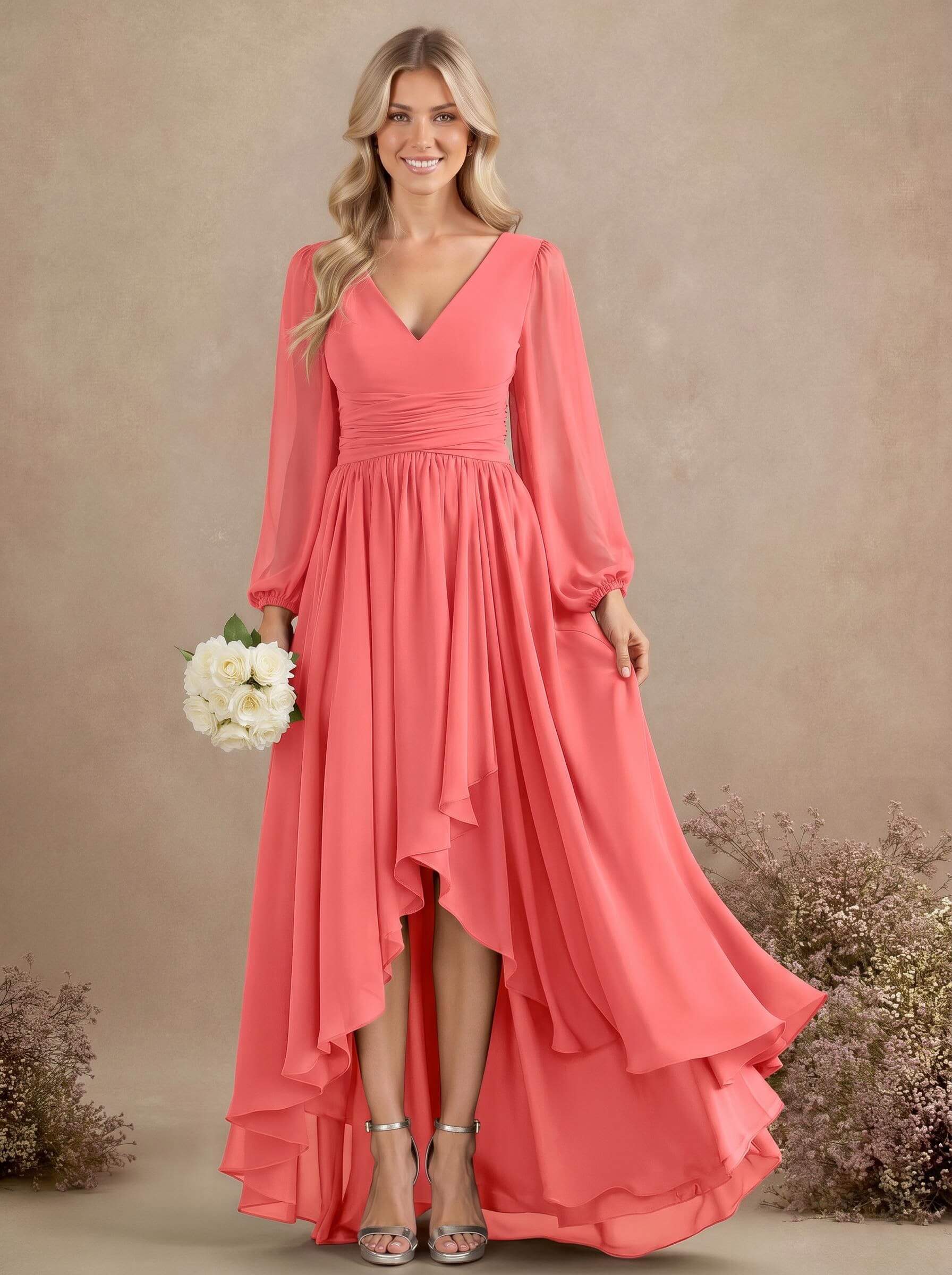 A-Line V-Neck Long Sleeves Floor-Length Chiffon Bridesmaid Dresses With Pleated, product image 20