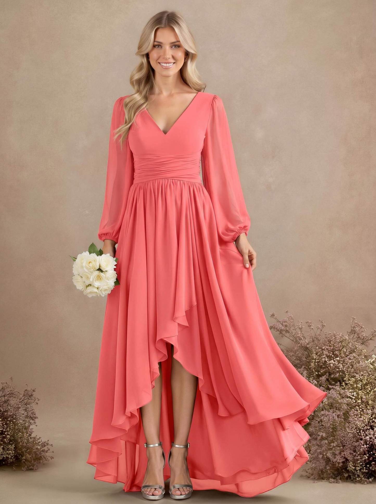 A-Line V-Neck Long Sleeves Floor-Length Chiffon Bridesmaid Dresses With Pleated, product image 20