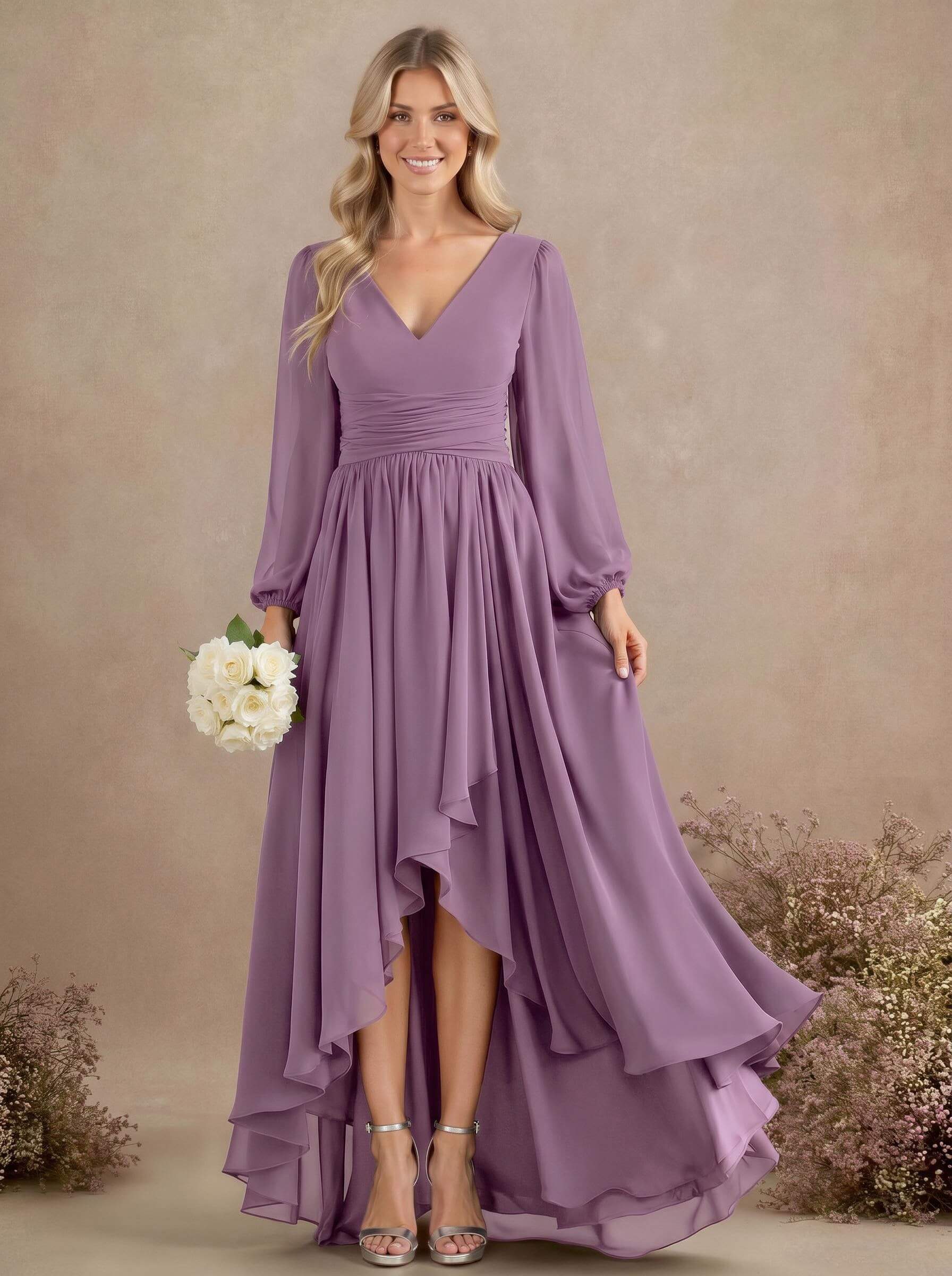 A-Line V-Neck Long Sleeves Floor-Length Chiffon Bridesmaid Dresses With Pleated, product image 29