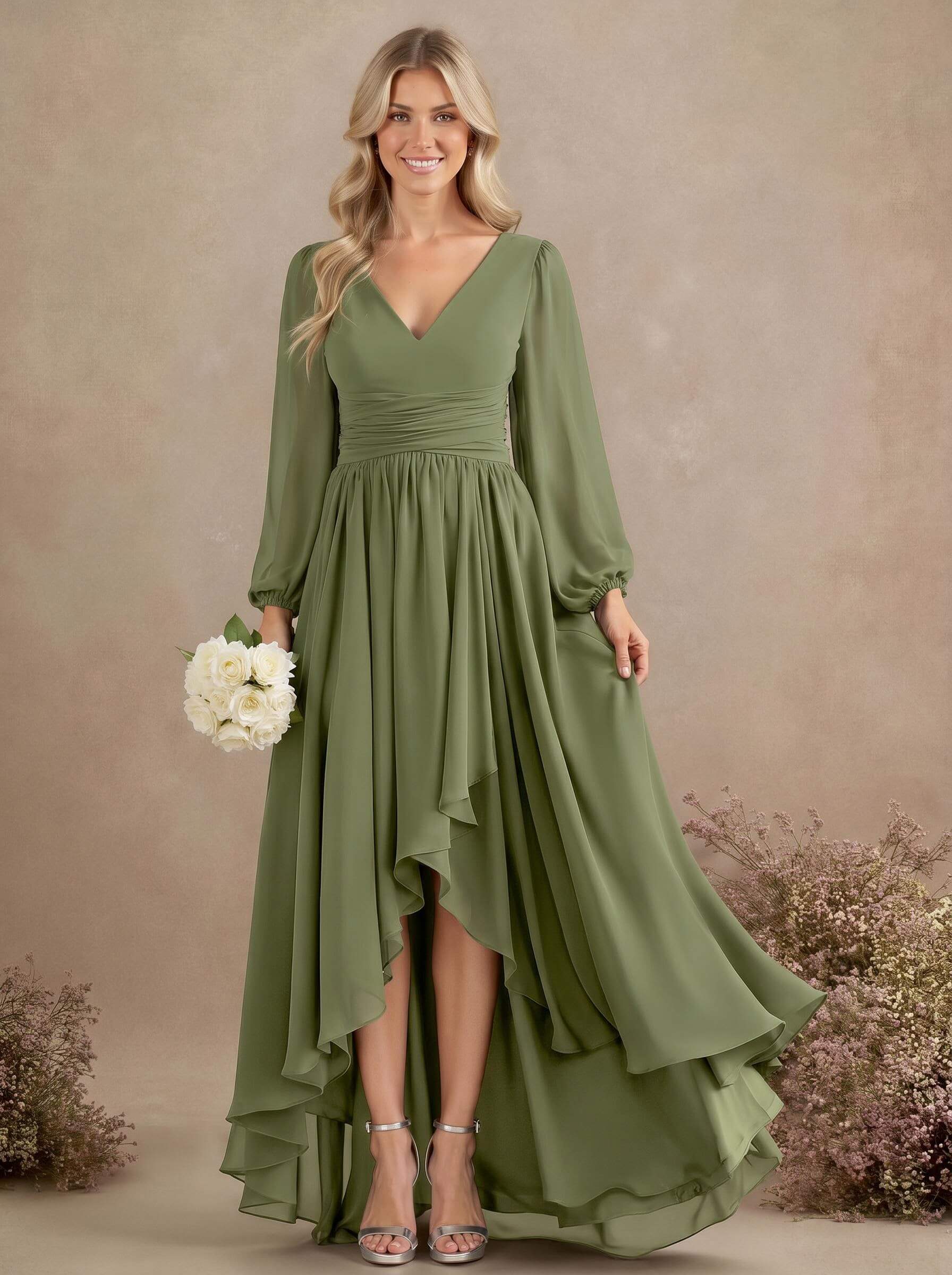 A-Line V-Neck Long Sleeves Floor-Length Chiffon Bridesmaid Dresses With Pleated, product image 61