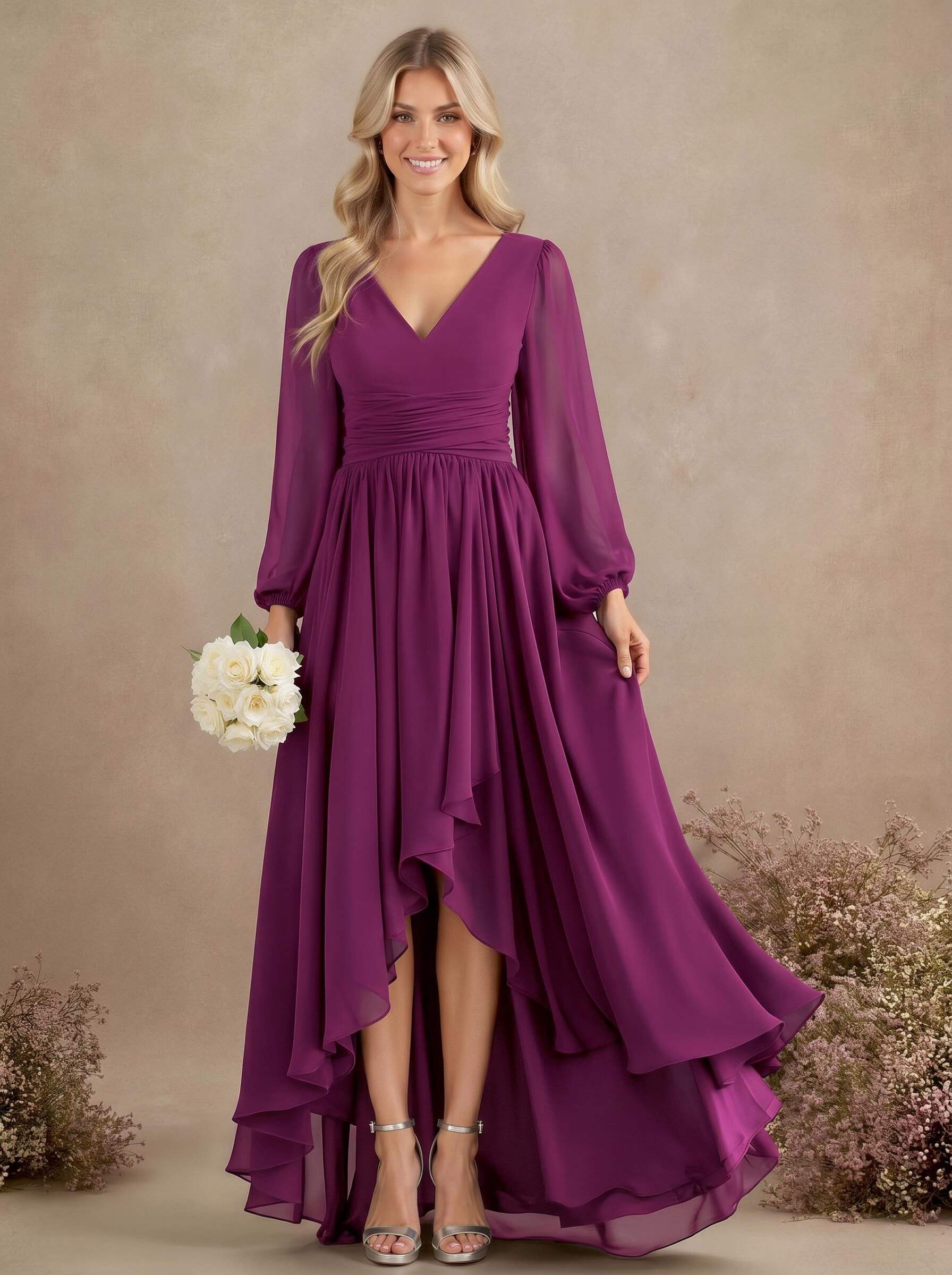 A-Line V-Neck Long Sleeves Floor-Length Chiffon Bridesmaid Dresses With Pleated, product image 37