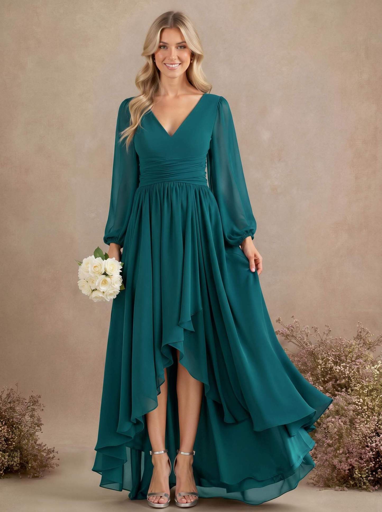 A-Line V-Neck Long Sleeves Floor-Length Chiffon Bridesmaid Dresses With Pleated, product image 43