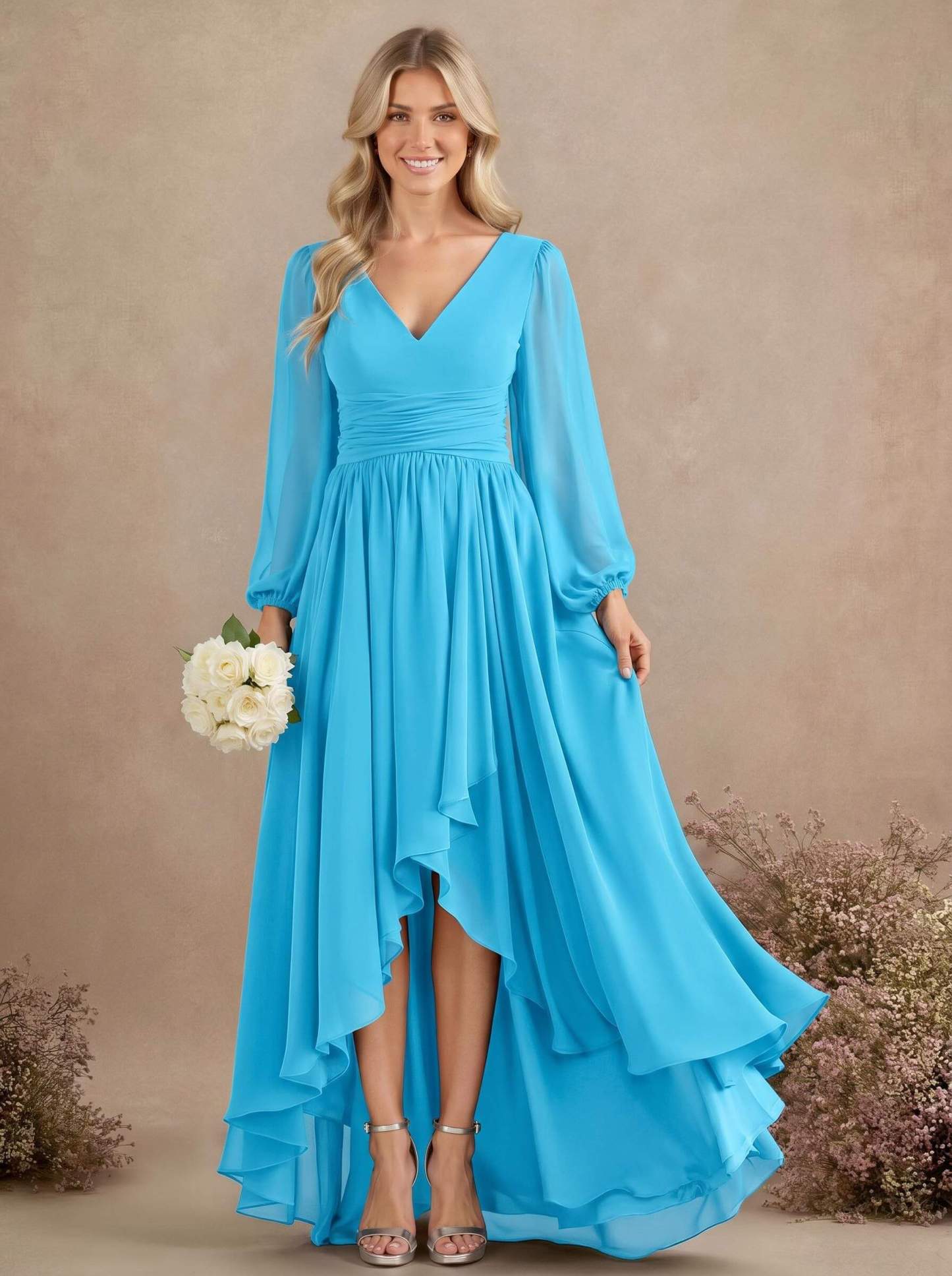A-Line V-Neck Long Sleeves Floor-Length Chiffon Bridesmaid Dresses With Pleated, product image 10