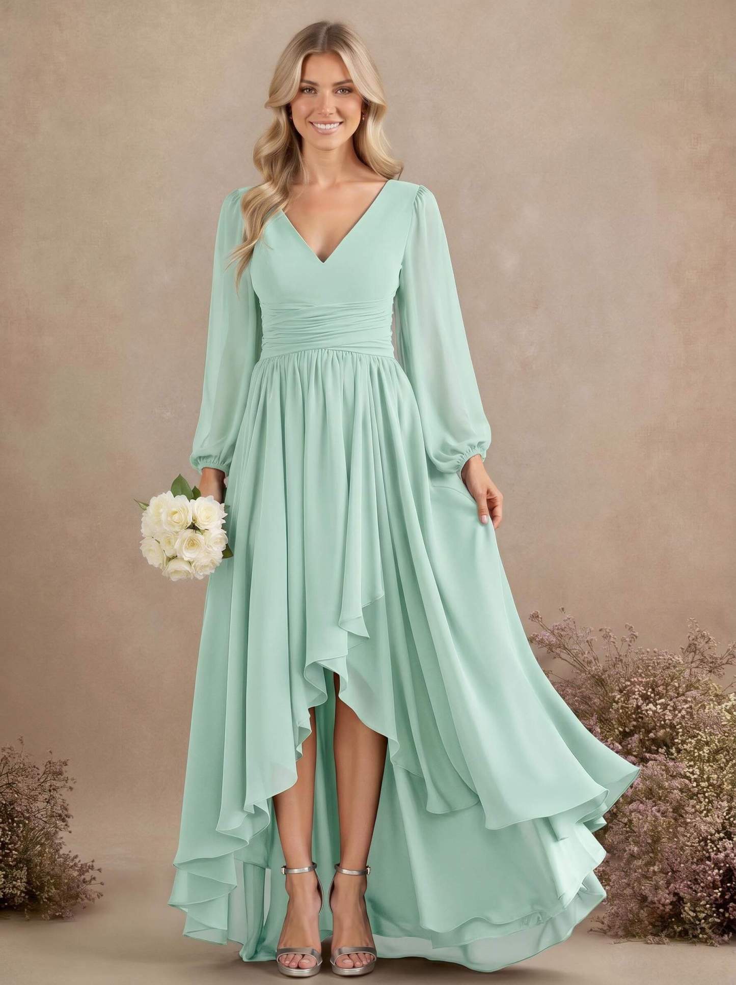 A-Line V-Neck Long Sleeves Floor-Length Chiffon Bridesmaid Dresses With Pleated, product image 46
