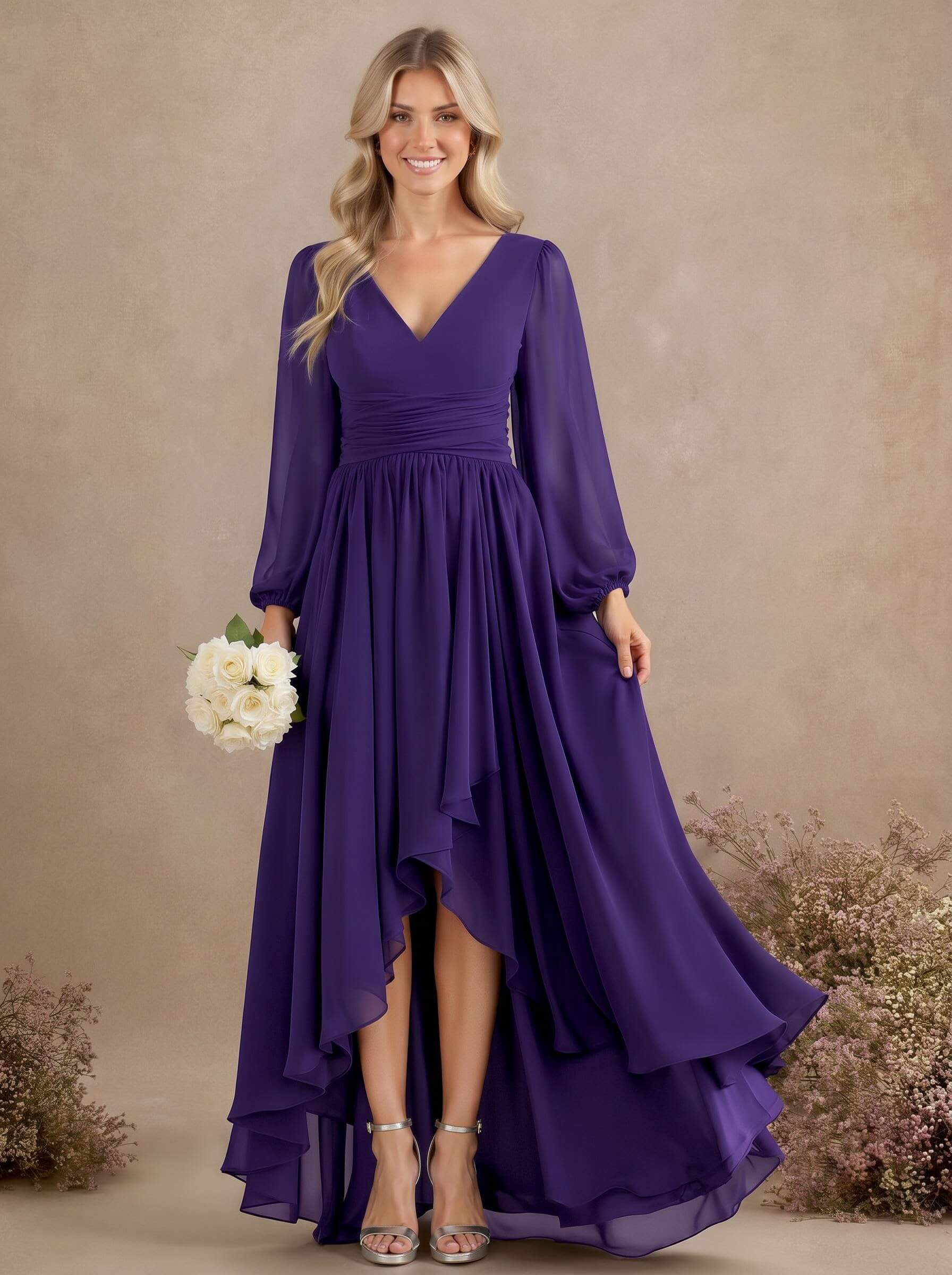 A-Line V-Neck Long Sleeves Floor-Length Chiffon Bridesmaid Dresses With Pleated, product image 40