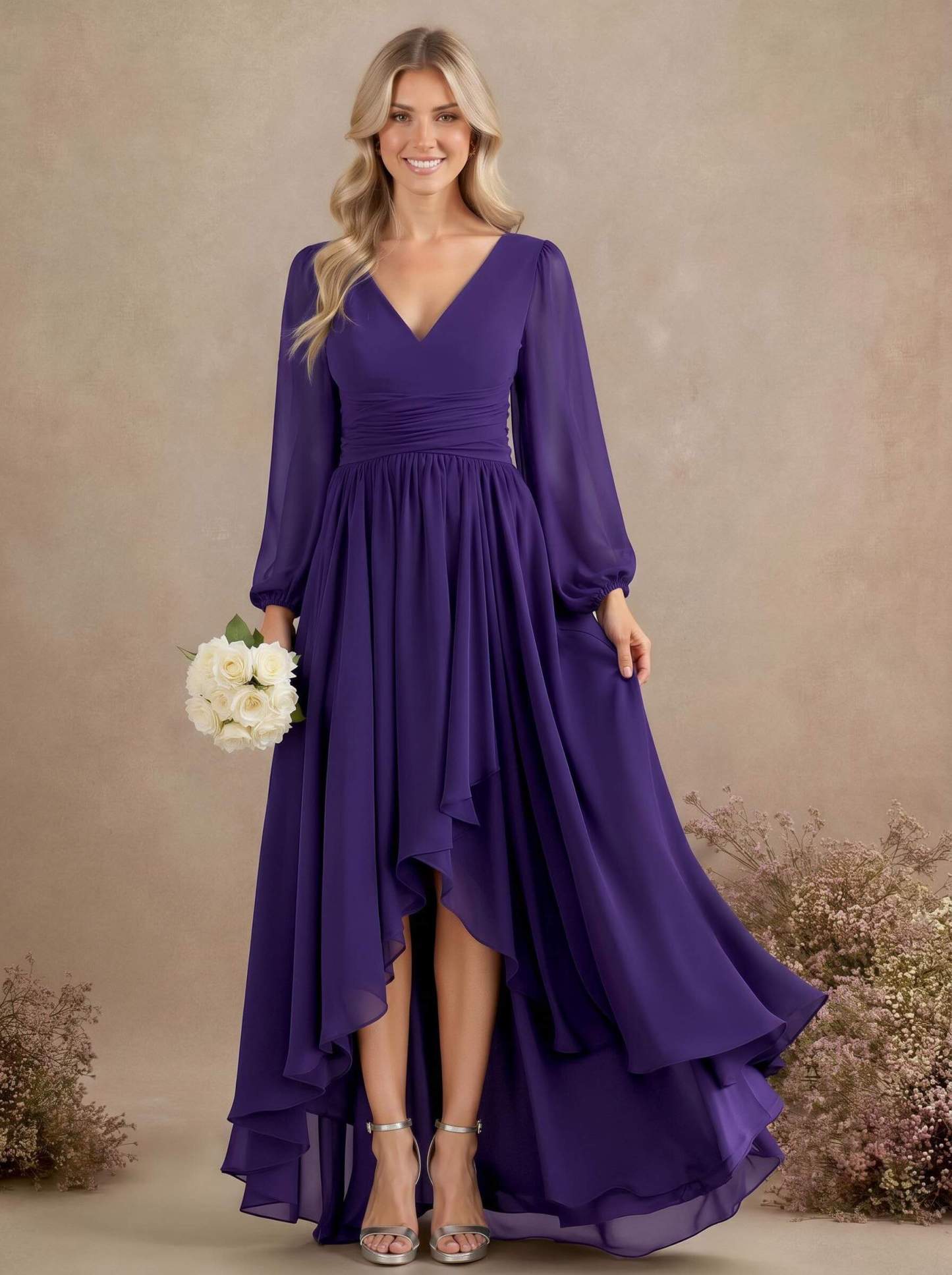 A-Line V-Neck Long Sleeves Floor-Length Chiffon Bridesmaid Dresses With Pleated, product image 40