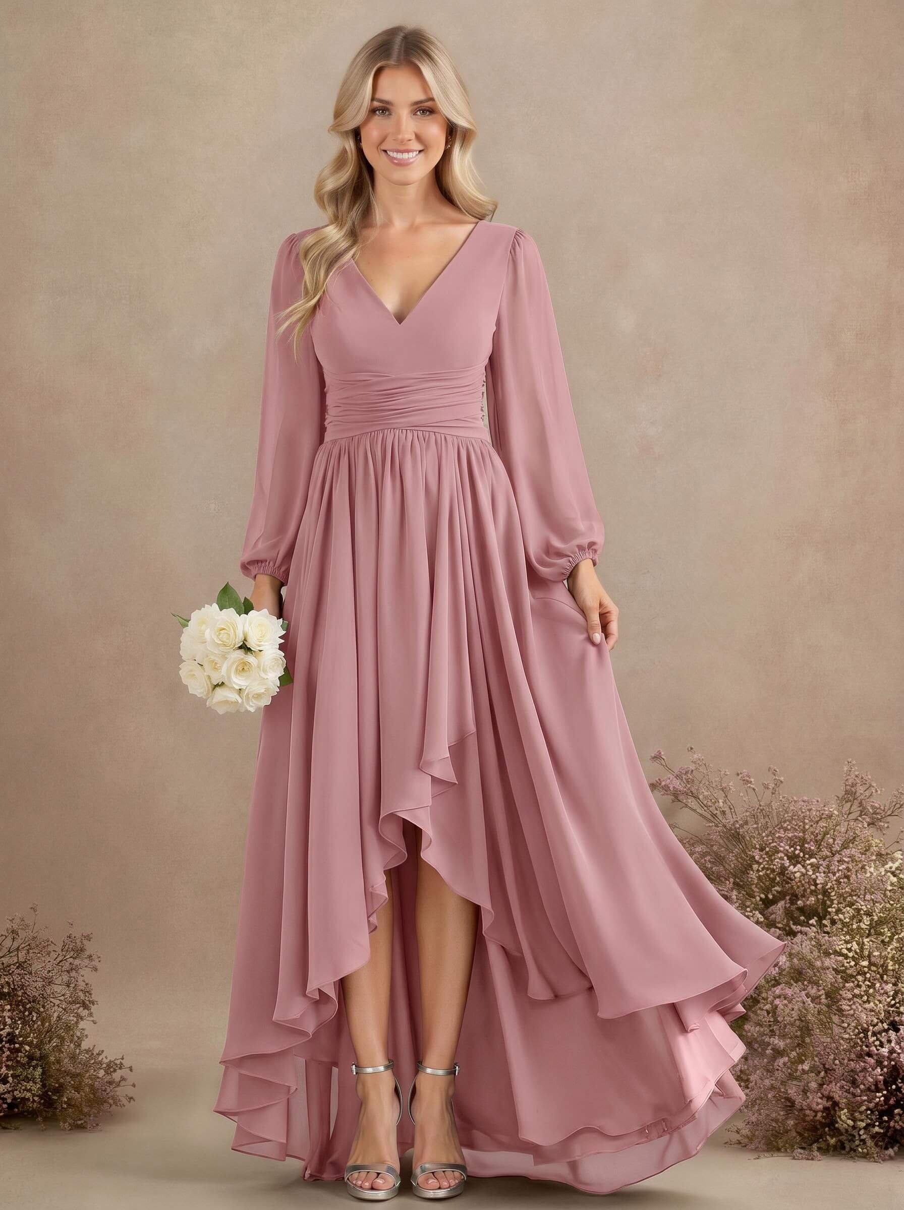 A-Line V-Neck Long Sleeves Floor-Length Chiffon Bridesmaid Dresses With Pleated, product image 30