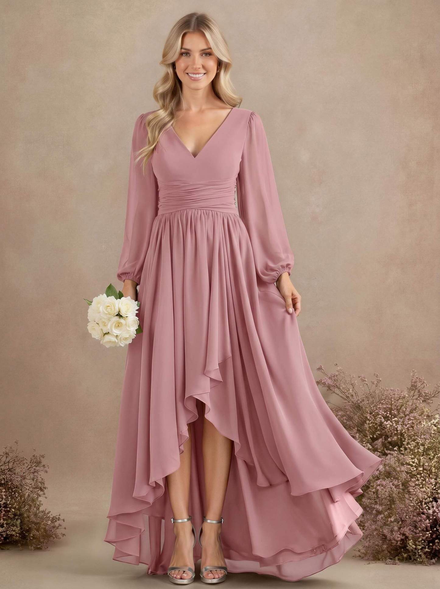 A-Line V-Neck Long Sleeves Floor-Length Chiffon Bridesmaid Dresses With Pleated, product image 30