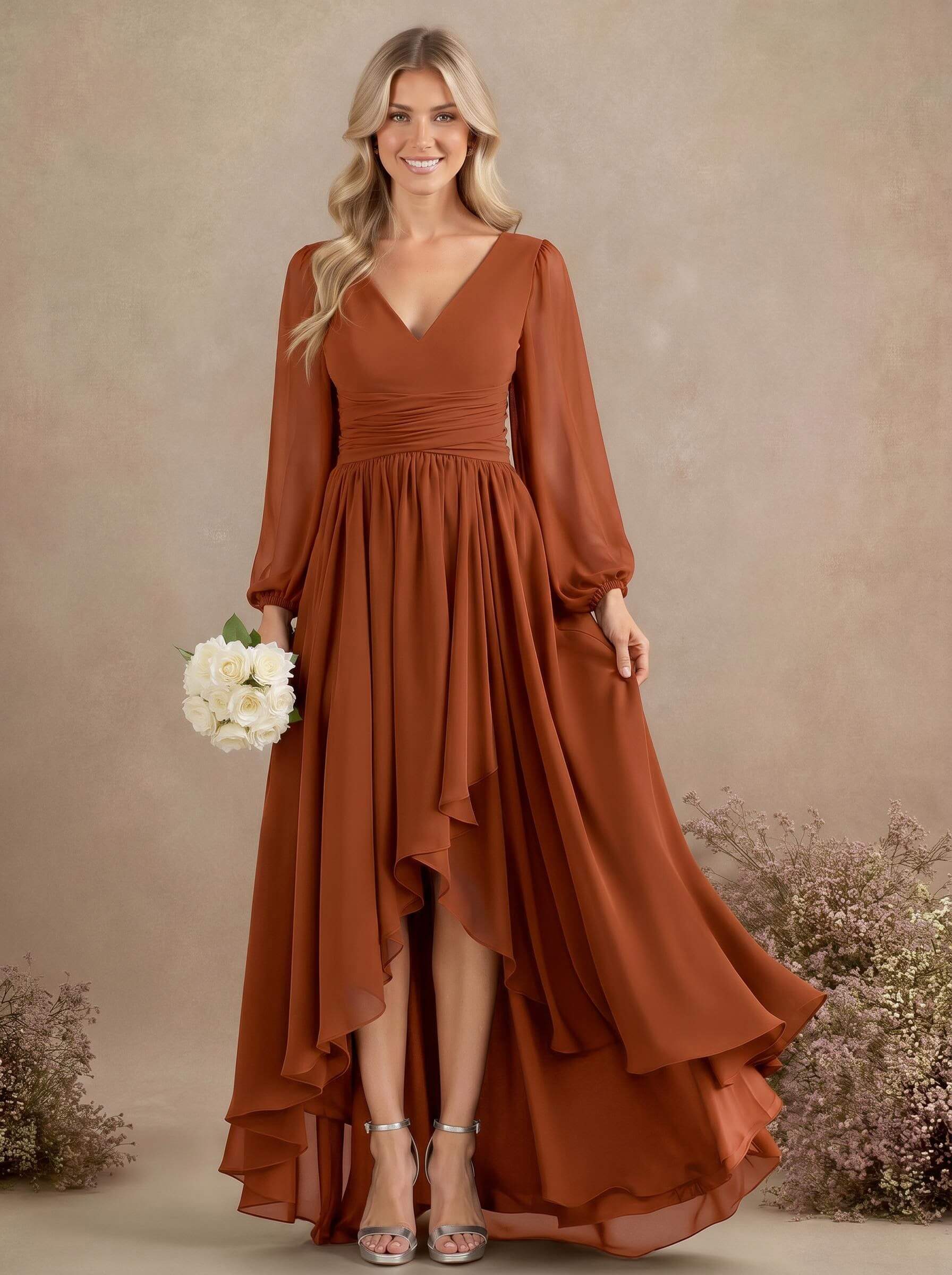 A-Line V-Neck Long Sleeves Floor-Length Chiffon Bridesmaid Dresses With Pleated, product image 68