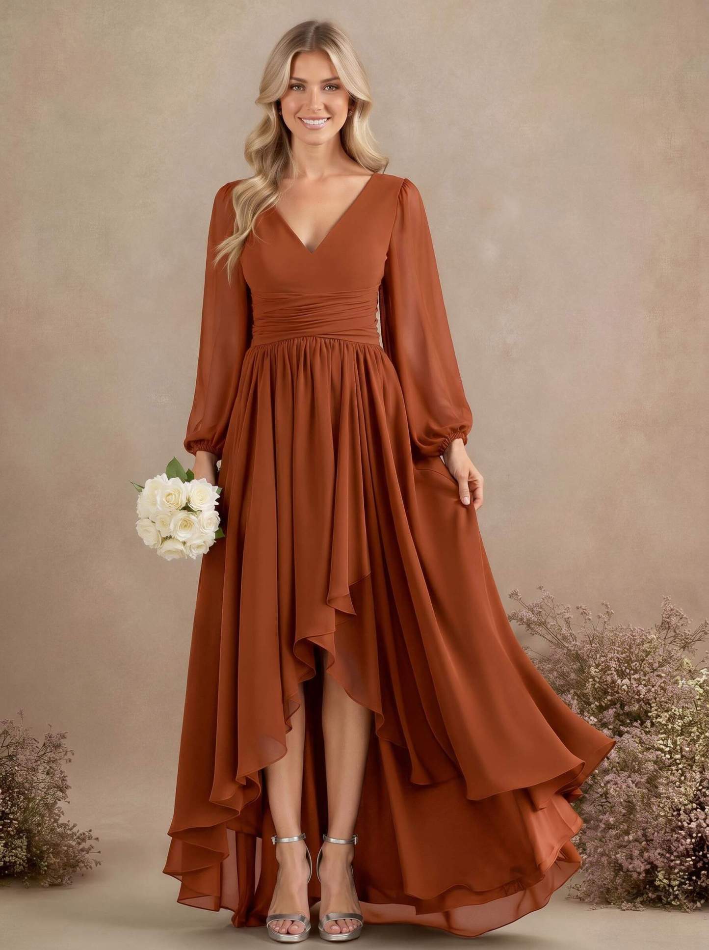 A-Line V-Neck Long Sleeves Floor-Length Chiffon Bridesmaid Dresses With Pleated, product image 68