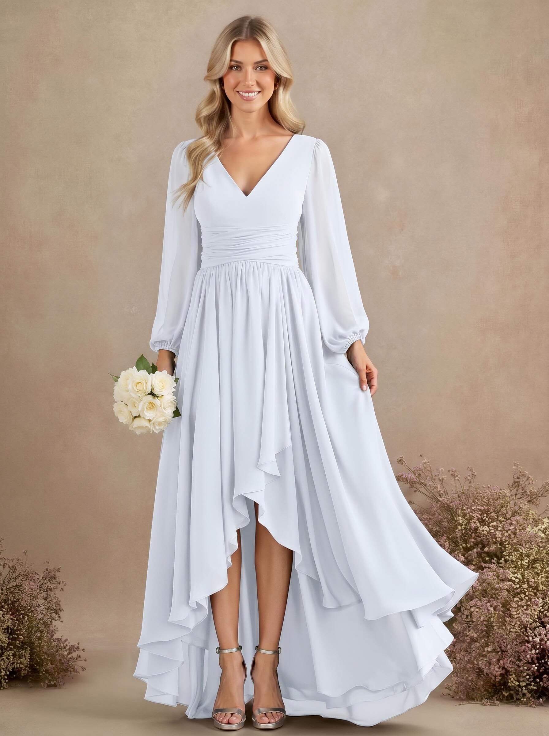 A-Line V-Neck Long Sleeves Floor-Length Chiffon Bridesmaid Dresses With Pleated, product image 57