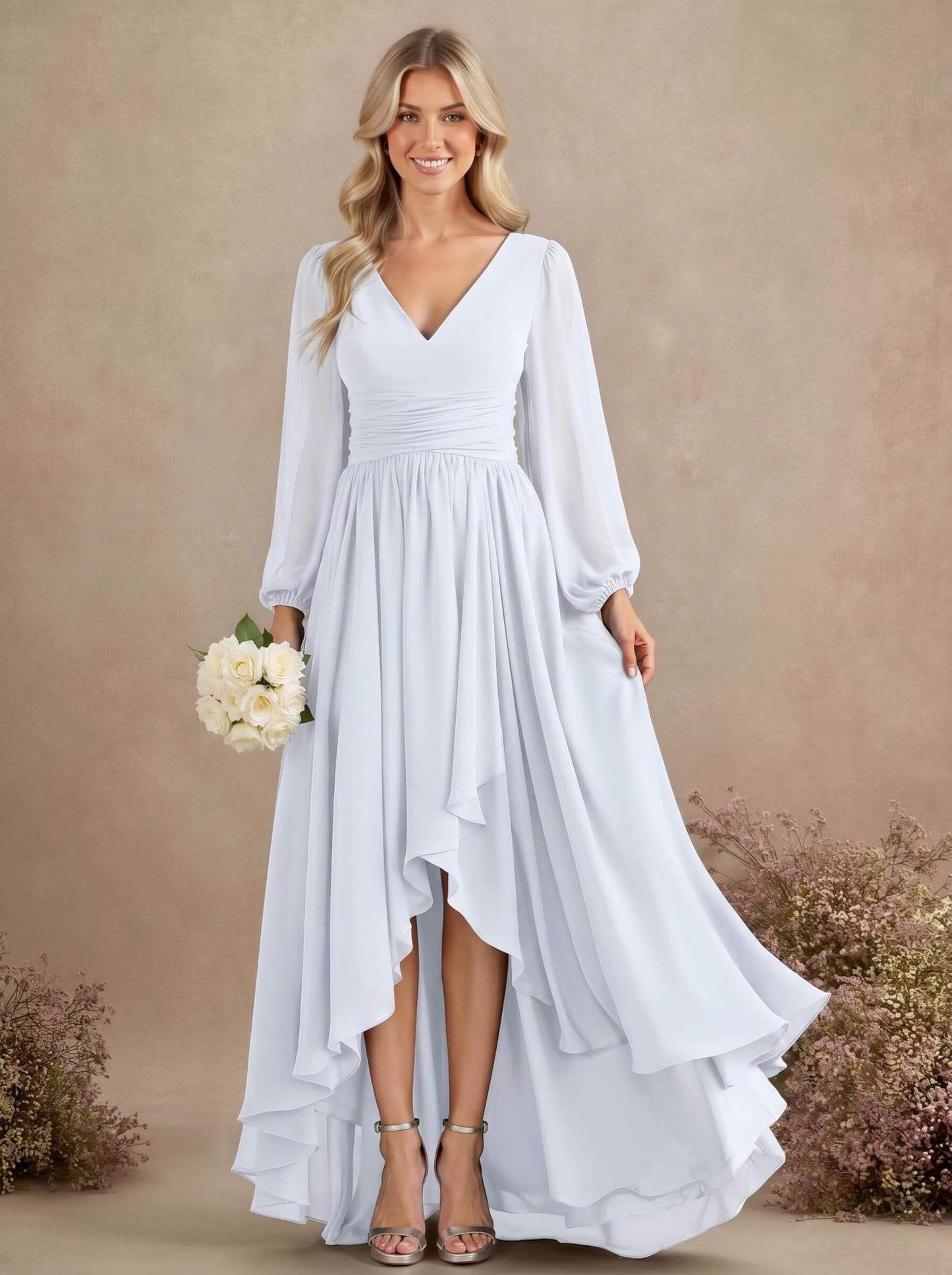 A-Line V-Neck Long Sleeves Floor-Length Chiffon Bridesmaid Dresses With Pleated, product image 57