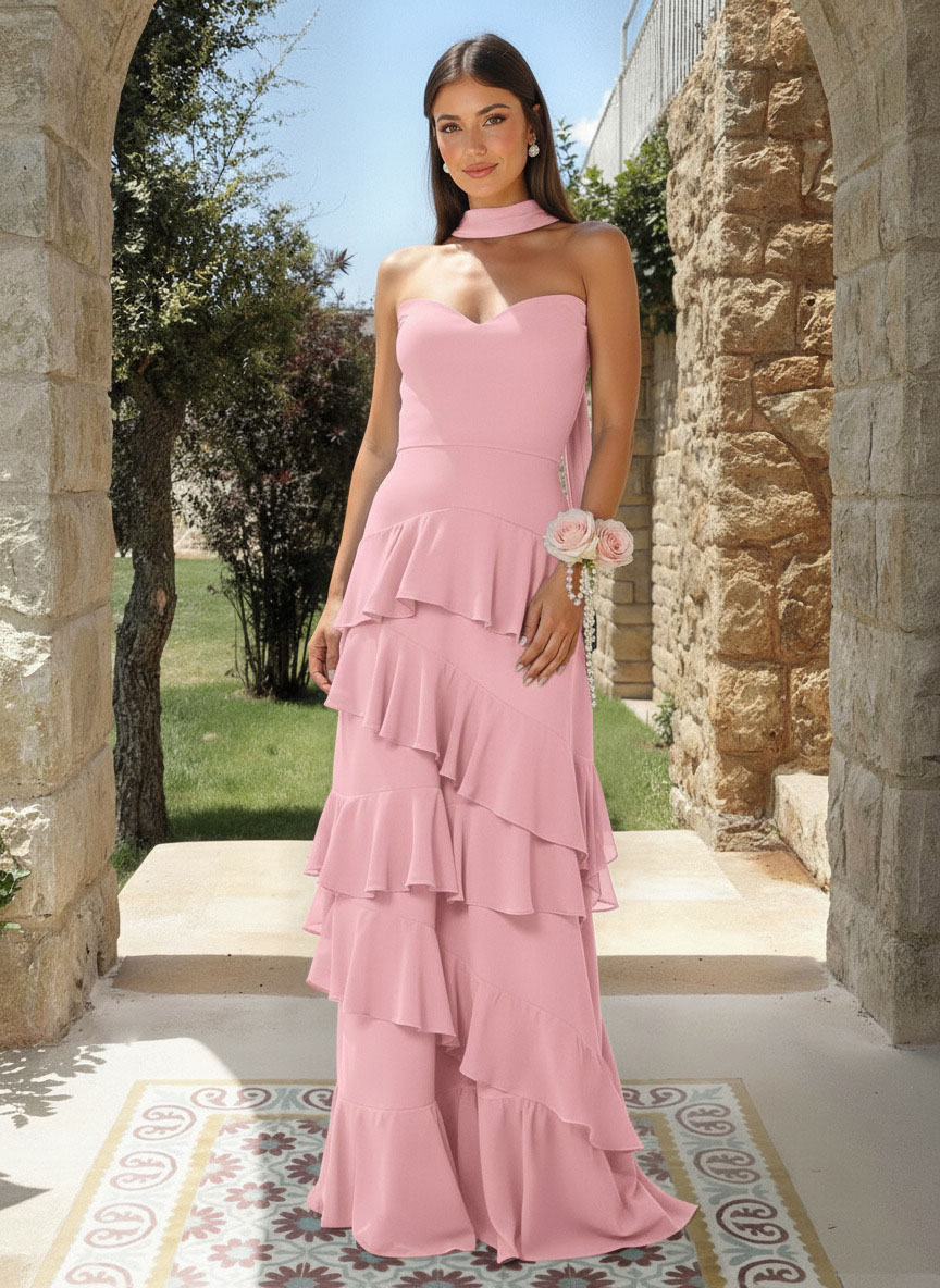 A-Line Sweetheart Floor-Length Chiffon Bridesmaid Dresses With Cascading Ruffles, product image 33