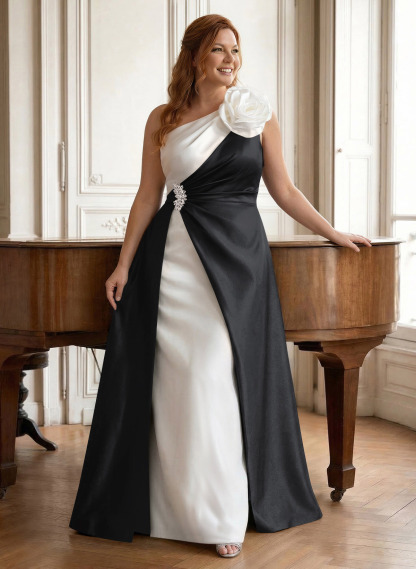 Unique Flower(s) One-Shoulder Overskirt Floor-Length Satin Mother Of The Bride Dresses, product image 3