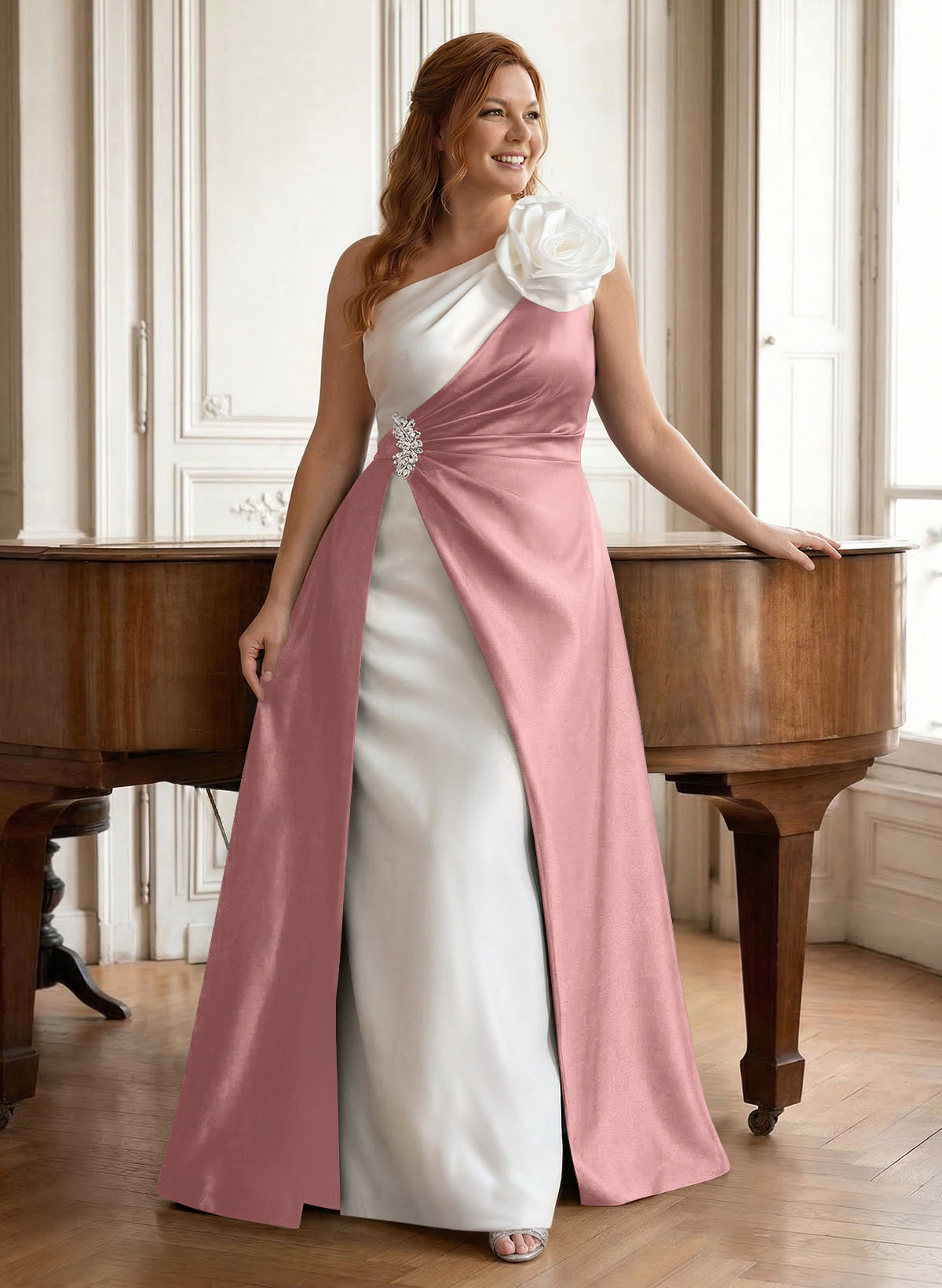 Unique Flower(s) One-Shoulder Overskirt Floor-Length Satin Mother Of The Bride Dresses, product image 37