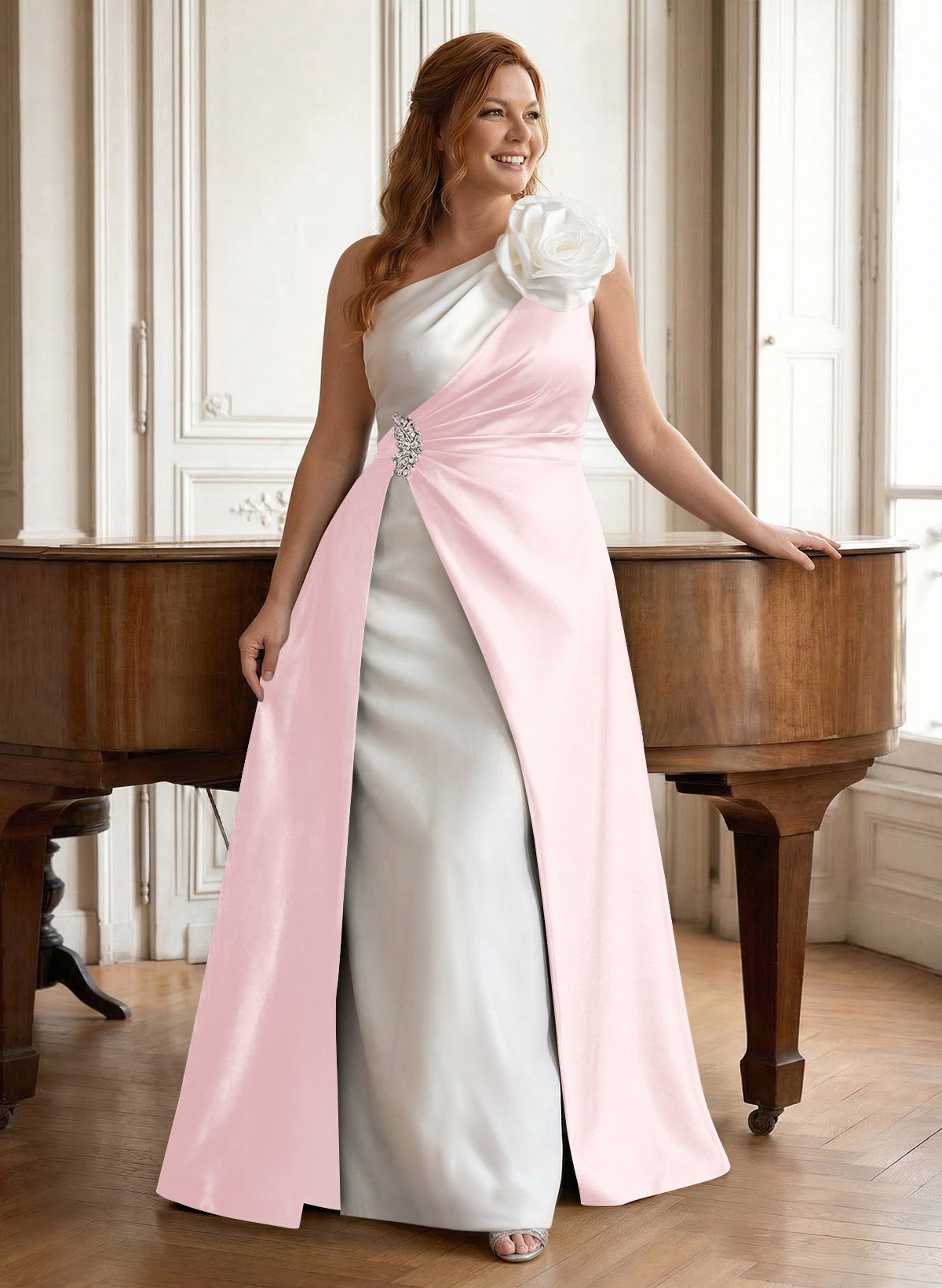 Unique Flower(s) One-Shoulder Overskirt Floor-Length Satin Mother Of The Bride Dresses, product image 43
