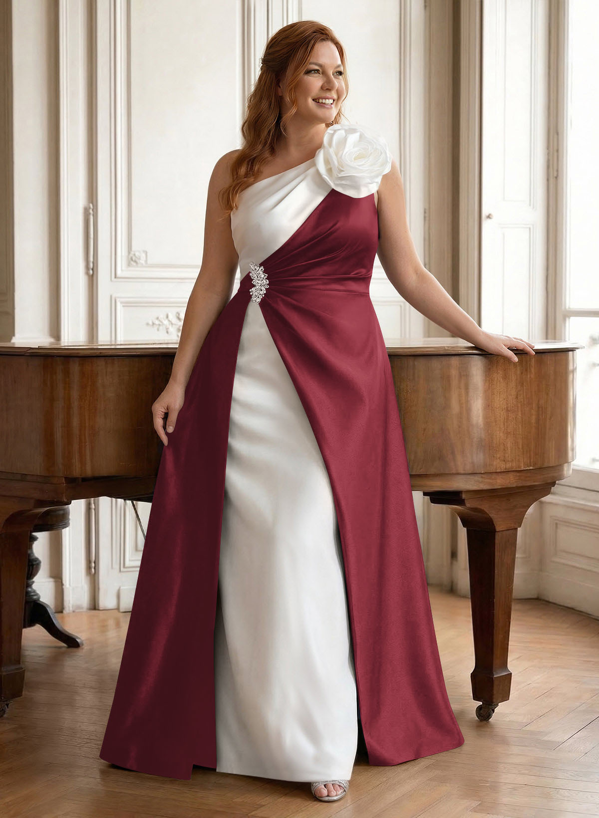 Unique Flower(s) One-Shoulder Overskirt Floor-Length Satin Mother Of The Bride Dresses, product image 49