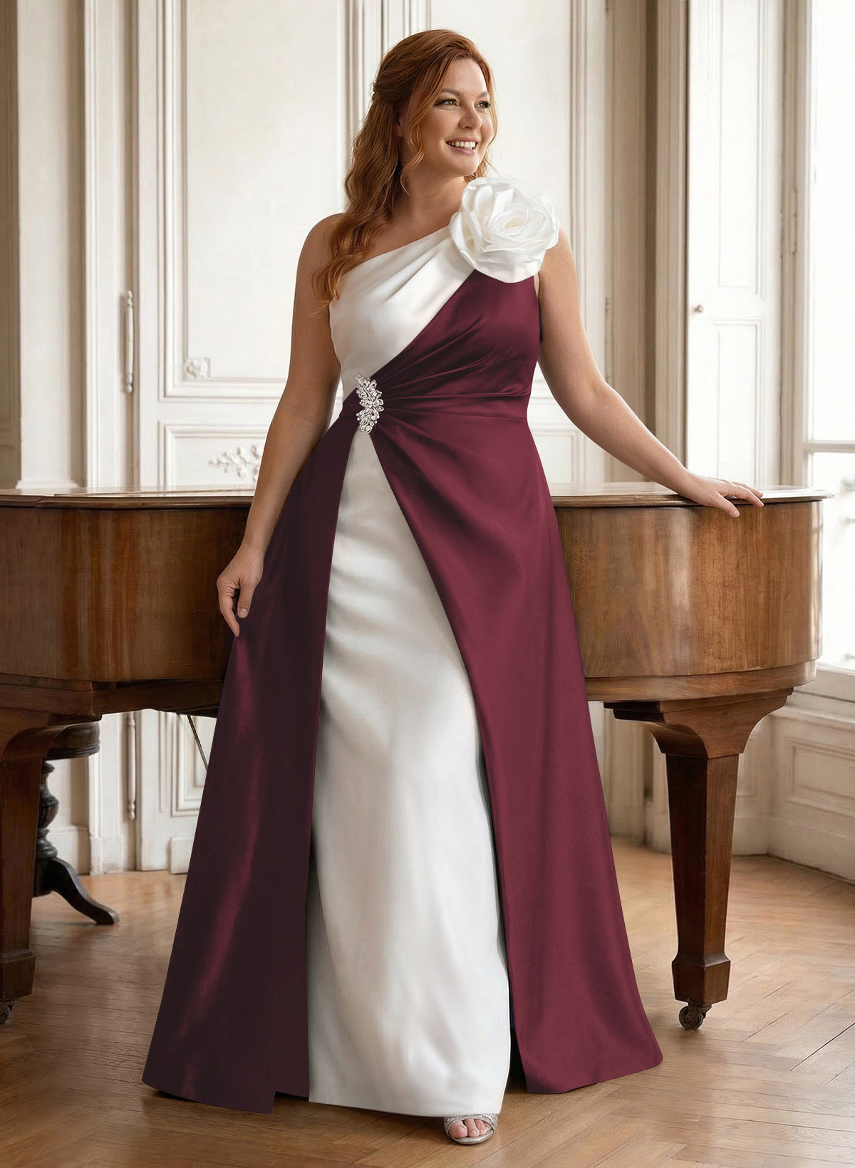 Unique Flower(s) One-Shoulder Overskirt Floor-Length Satin Mother Of The Bride Dresses, product image 51