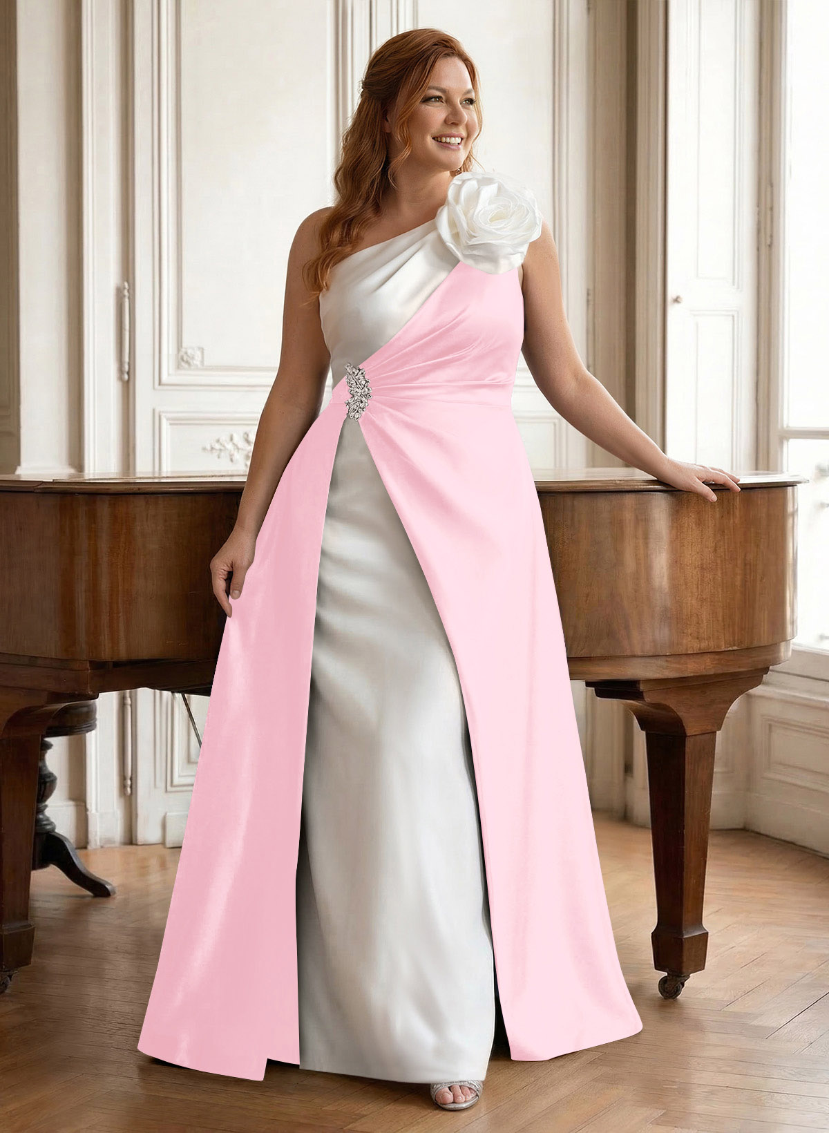 Unique Flower(s) One-Shoulder Overskirt Floor-Length Satin Mother Of The Bride Dresses, product image 45
