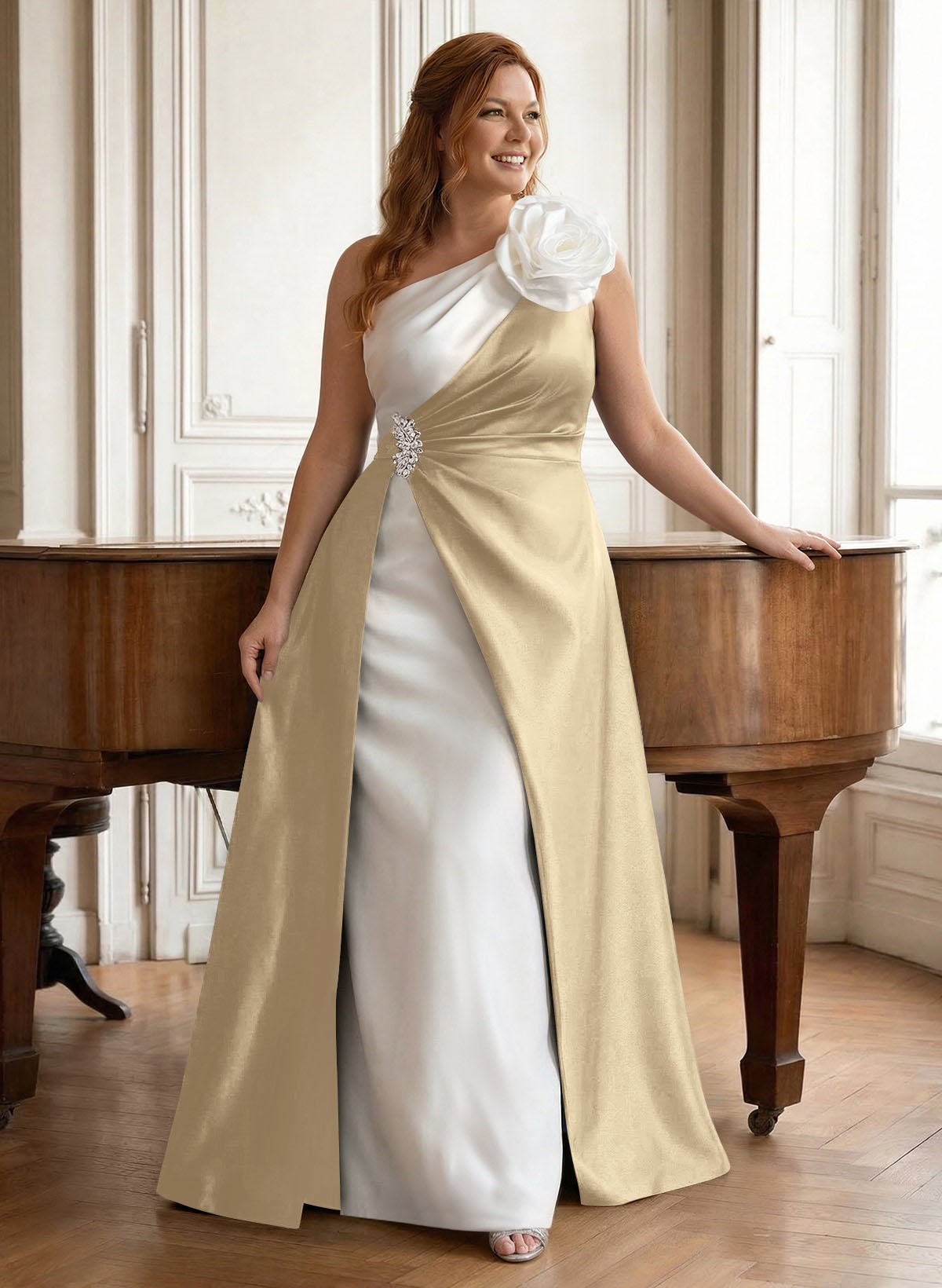 Unique Flower(s) One-Shoulder Overskirt Floor-Length Satin Mother Of The Bride Dresses, product image 5