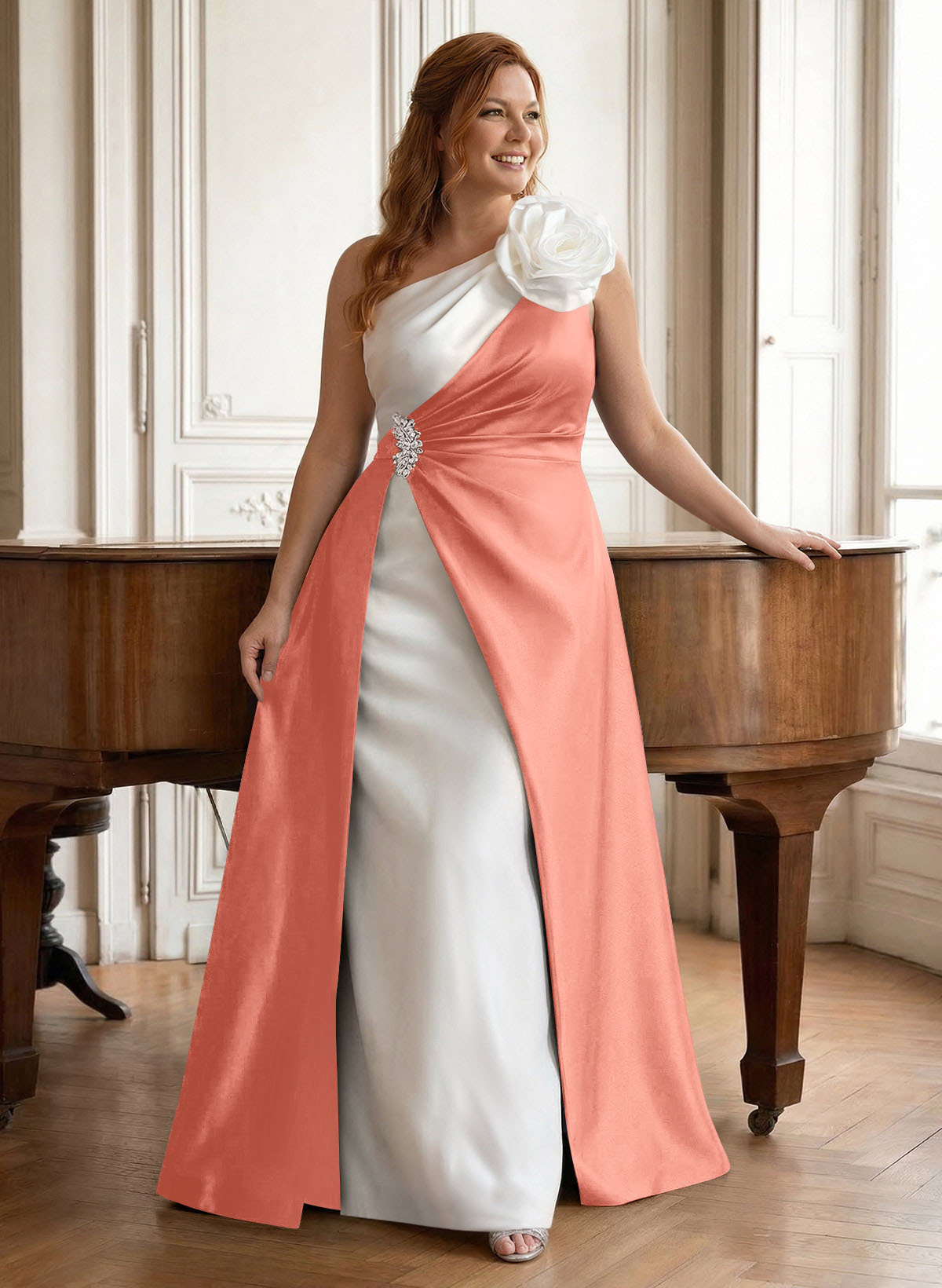 Unique Flower(s) One-Shoulder Overskirt Floor-Length Satin Mother Of The Bride Dresses, product image 41