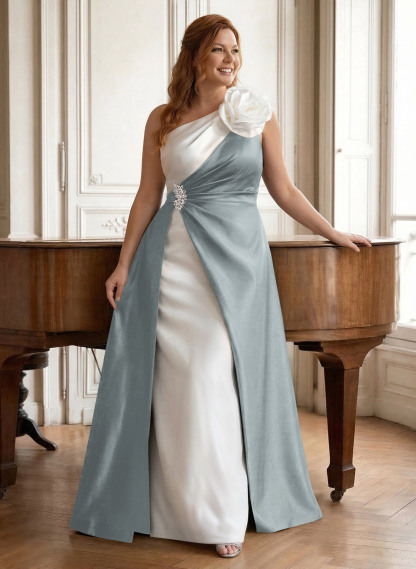 Unique Flower(s) One-Shoulder Overskirt Floor-Length Satin Mother Of The Bride Dresses, product image 15