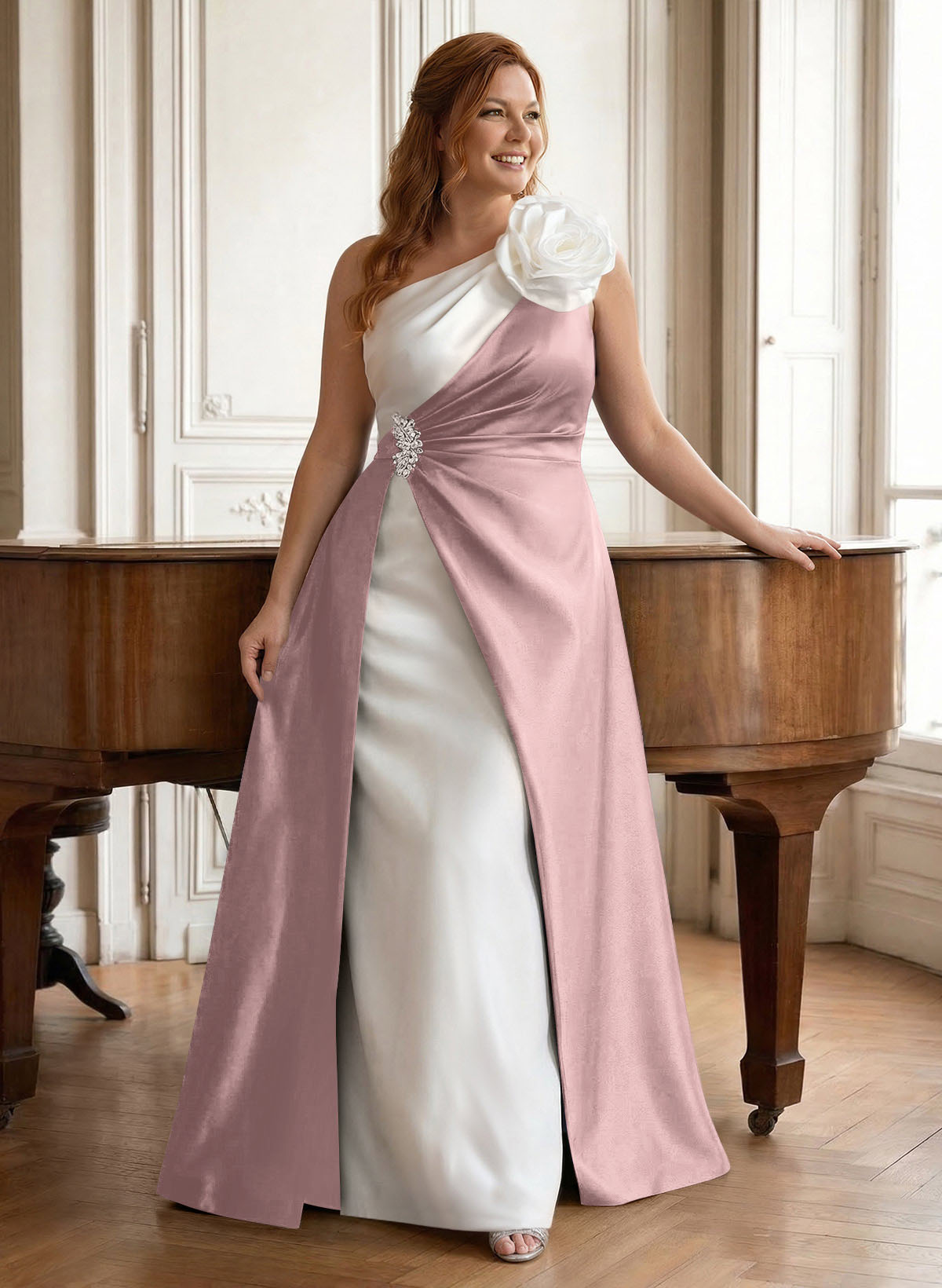Unique Flower(s) One-Shoulder Overskirt Floor-Length Satin Mother Of The Bride Dresses, product image 33
