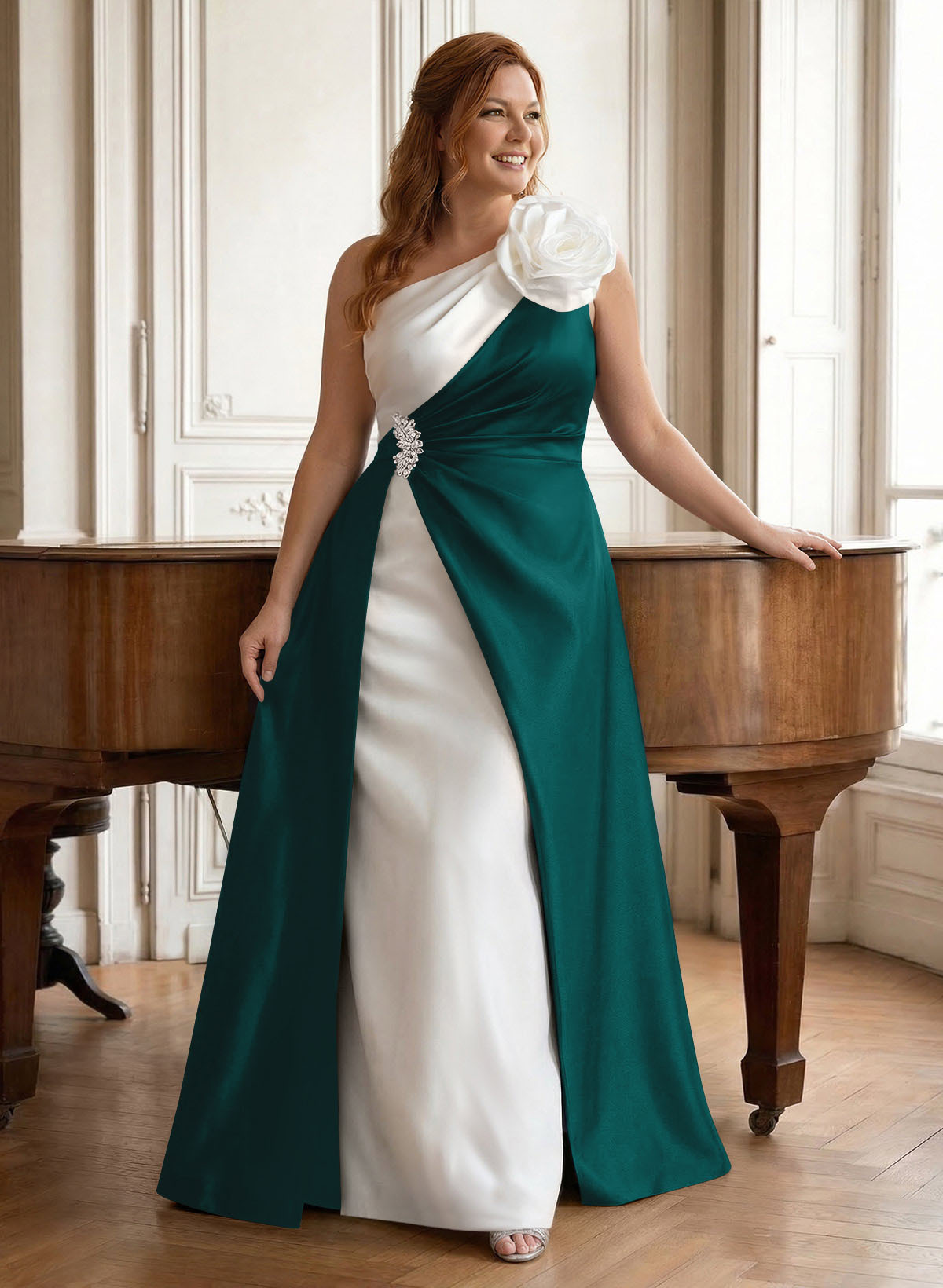 Unique Flower(s) One-Shoulder Overskirt Floor-Length Satin Mother Of The Bride Dresses, product image 63