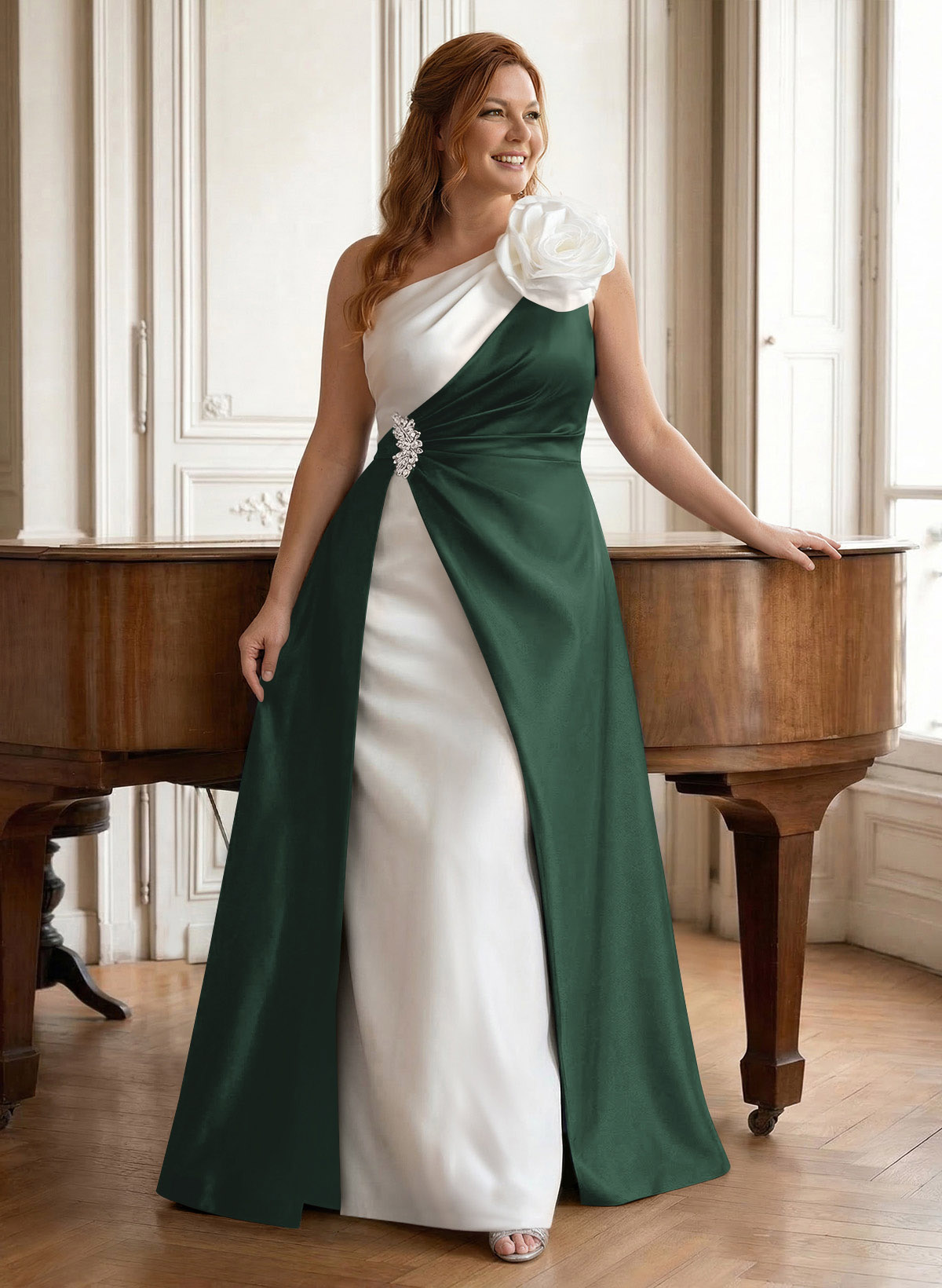 Unique Flower(s) One-Shoulder Overskirt Floor-Length Satin Mother Of The Bride Dresses, product image 61