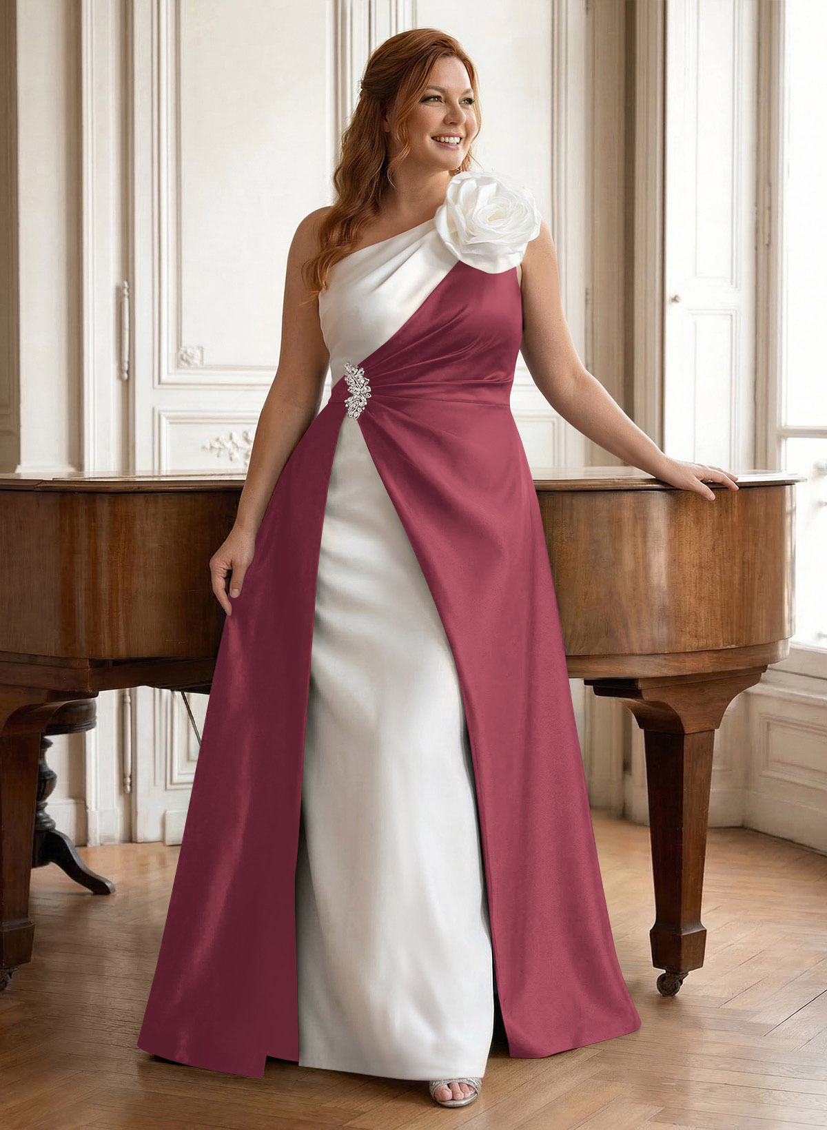 Unique Flower(s) One-Shoulder Overskirt Floor-Length Satin Mother Of The Bride Dresses, product image 55