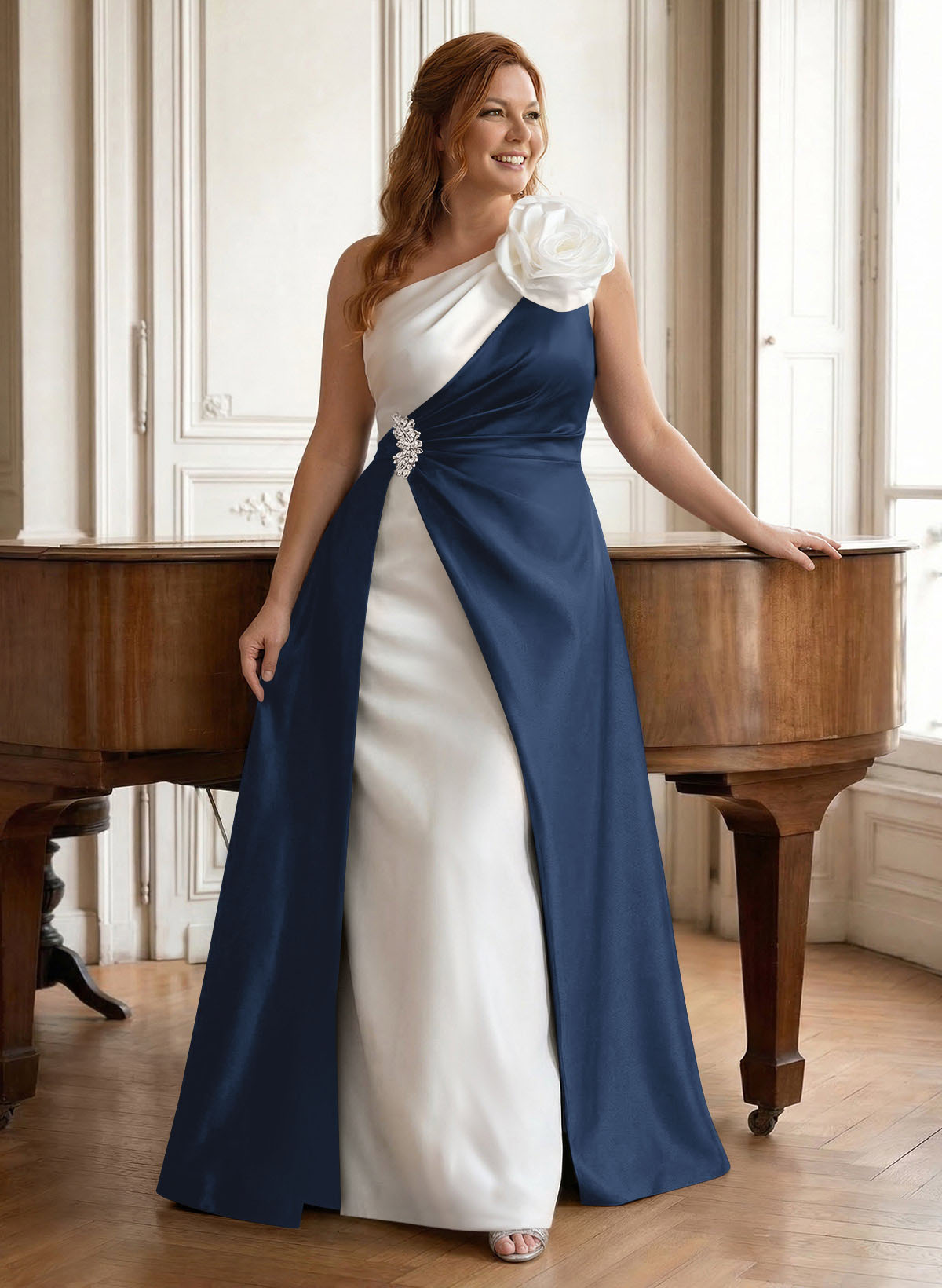 Unique Flower(s) One-Shoulder Overskirt Floor-Length Satin Mother Of The Bride Dresses, product image 7