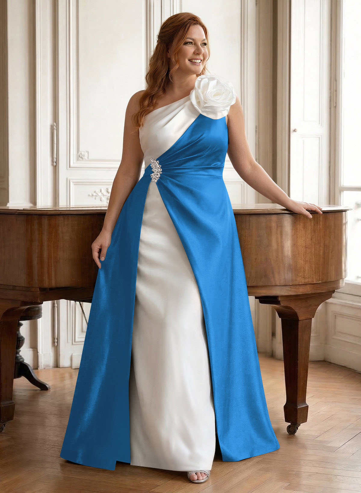 Unique Flower(s) One-Shoulder Overskirt Floor-Length Satin Mother Of The Bride Dresses, product image 23