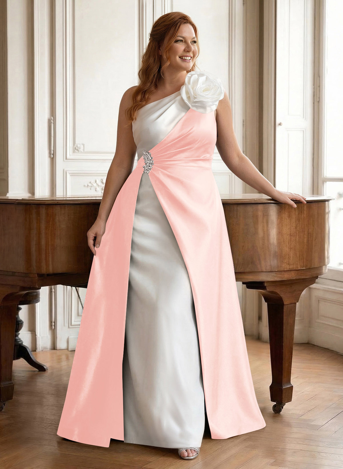 Unique Flower(s) One-Shoulder Overskirt Floor-Length Satin Mother Of The Bride Dresses, product image 35