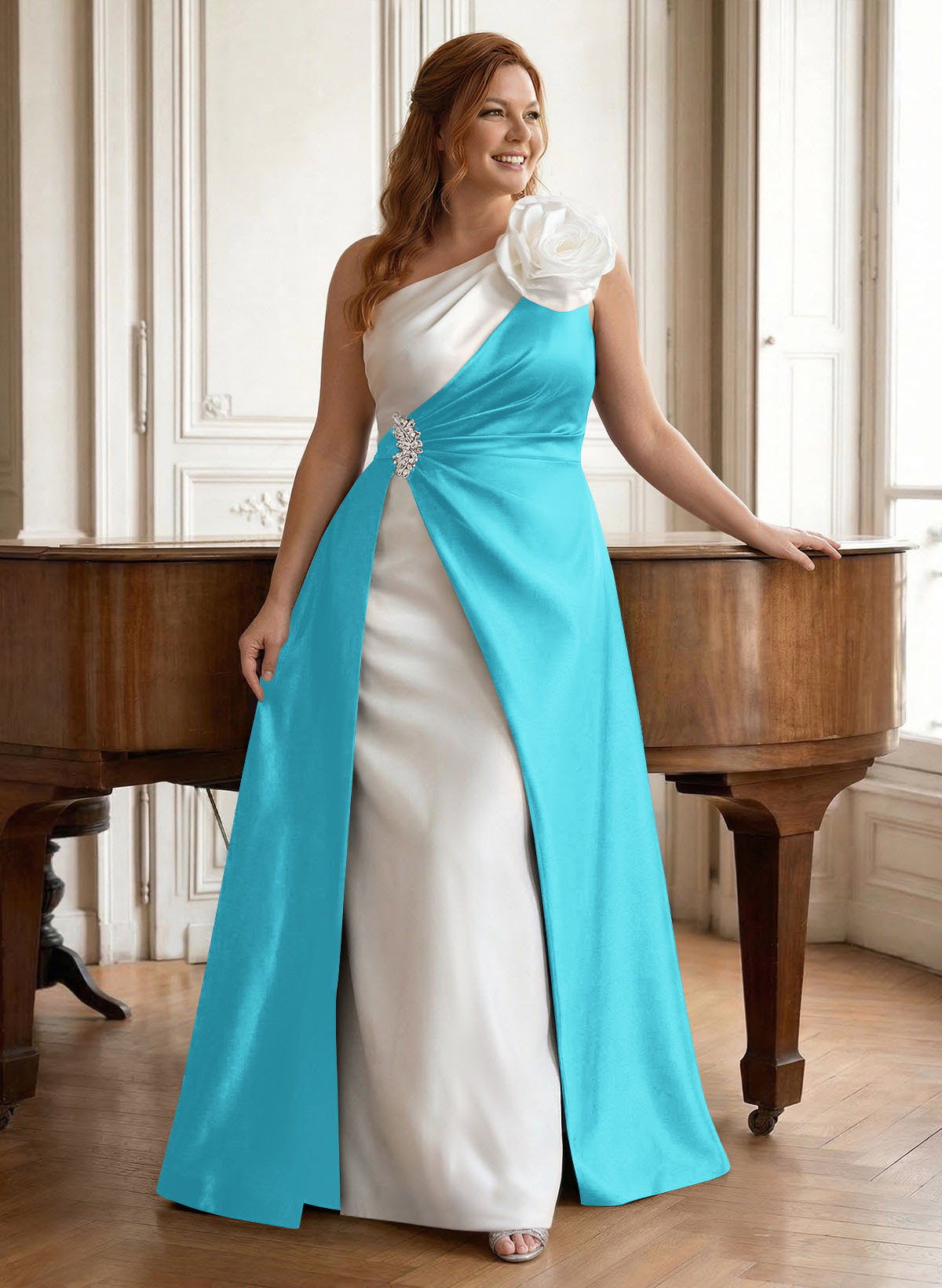 Unique Flower(s) One-Shoulder Overskirt Floor-Length Satin Mother Of The Bride Dresses, product image 21