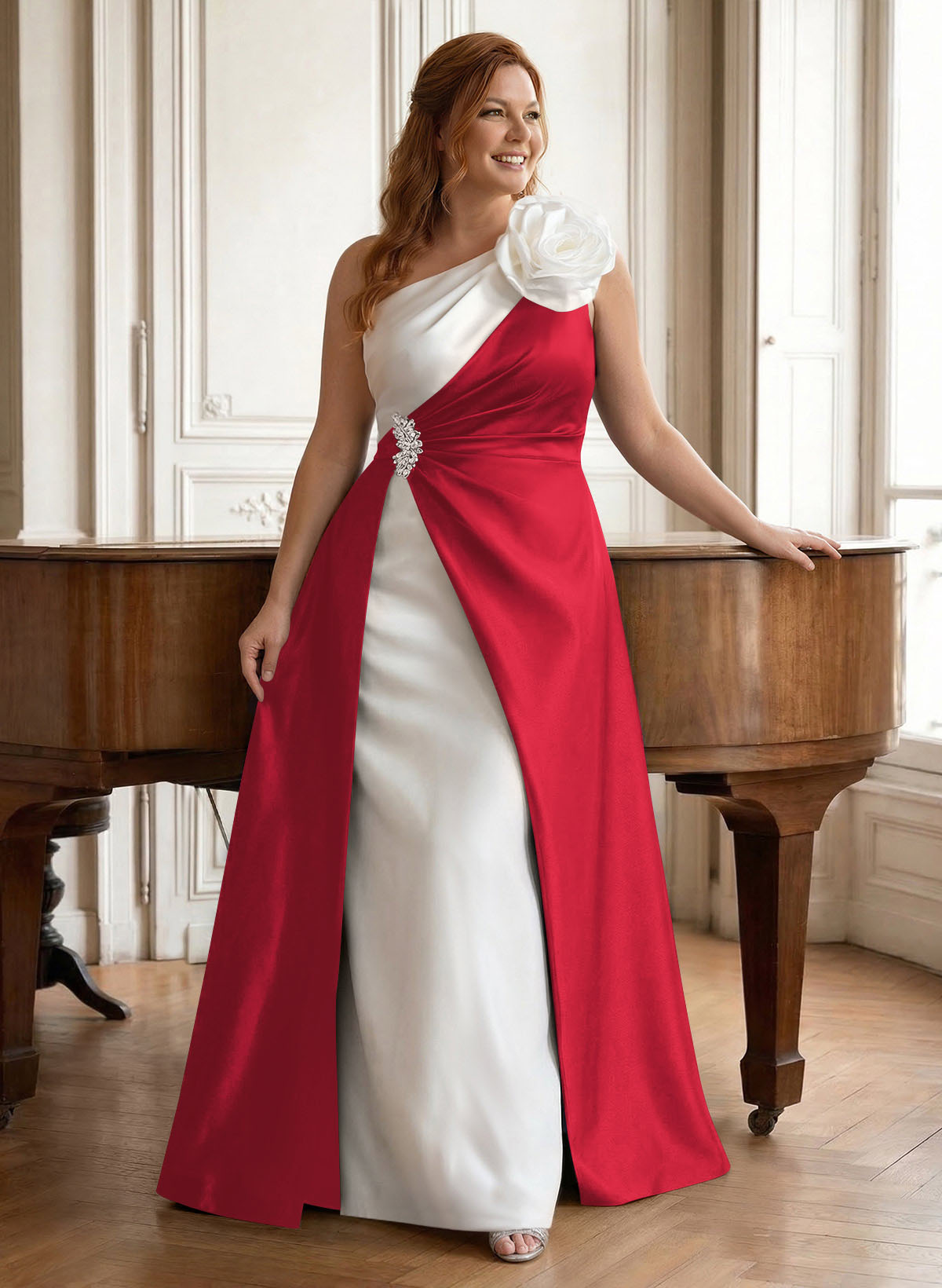 Unique Flower(s) One-Shoulder Overskirt Floor-Length Satin Mother Of The Bride Dresses, product image 47