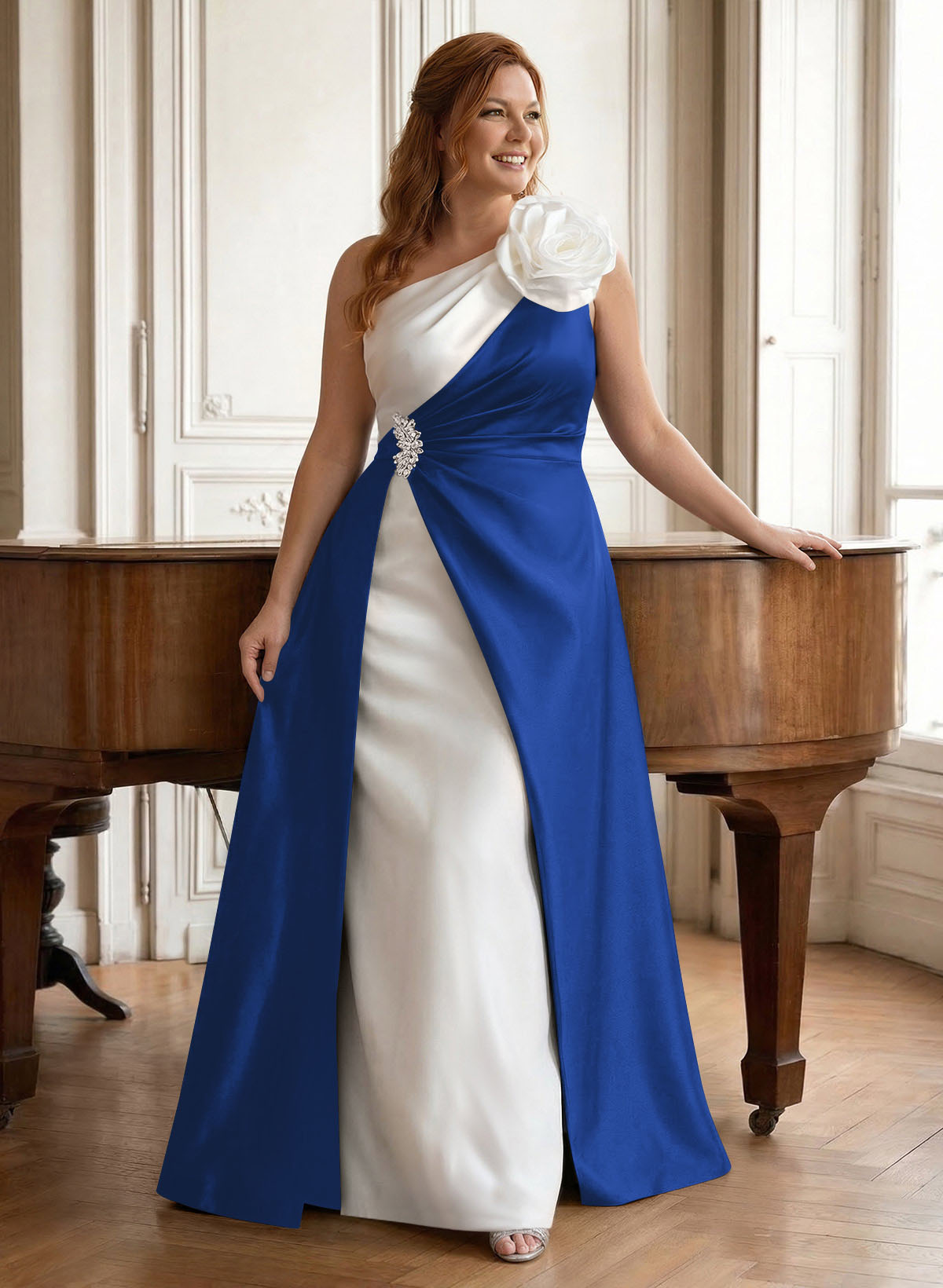 Unique Flower(s) One-Shoulder Overskirt Floor-Length Satin Mother Of The Bride Dresses, product image 9