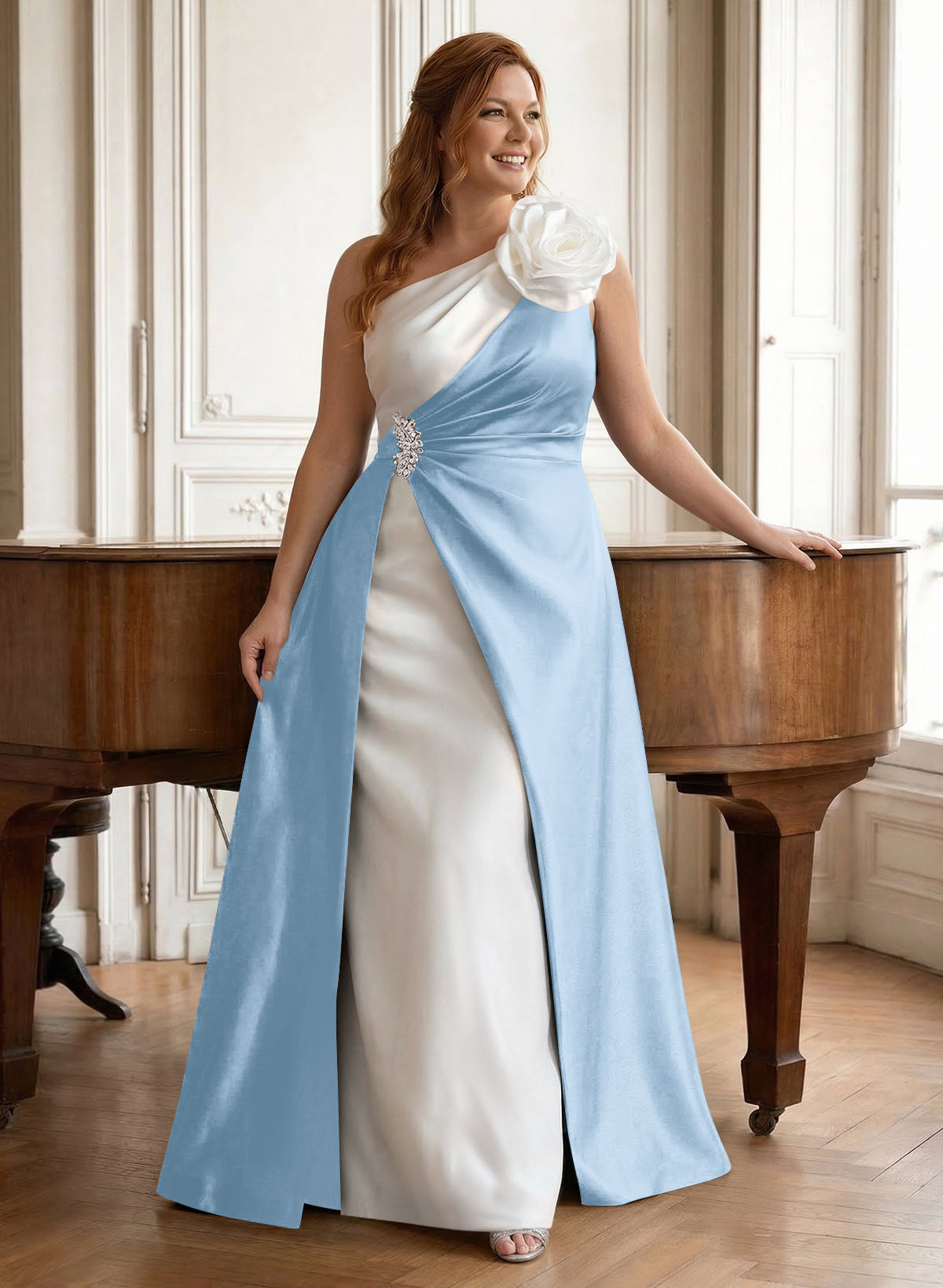 Unique Flower(s) One-Shoulder Overskirt Floor-Length Satin Mother Of The Bride Dresses, product image 17