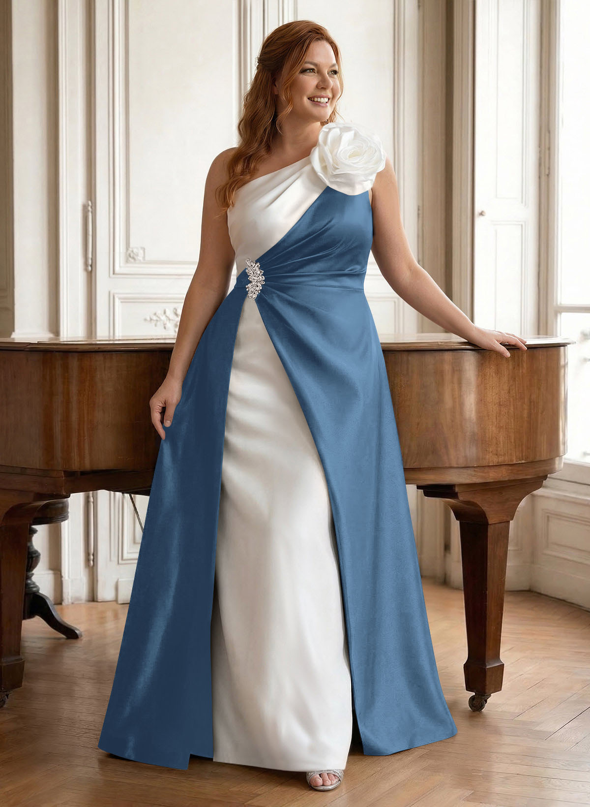 Unique Flower(s) One-Shoulder Overskirt Floor-Length Satin Mother Of The Bride Dresses, product image 11