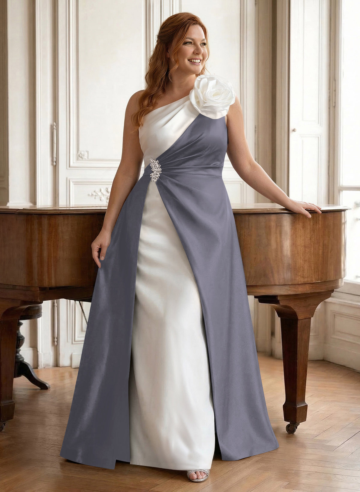 Unique Flower(s) One-Shoulder Overskirt Floor-Length Satin Mother Of The Bride Dresses, product image 13