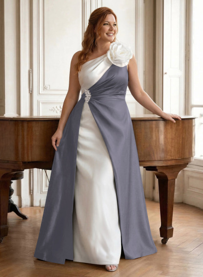Unique Flower(s) One-Shoulder Overskirt Floor-Length Satin Mother Of The Bride Dresses, product image 13