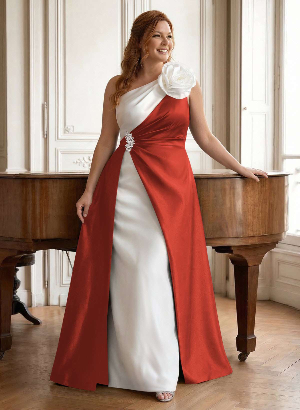 Unique Flower(s) One-Shoulder Overskirt Floor-Length Satin Mother Of The Bride Dresses, product image 57