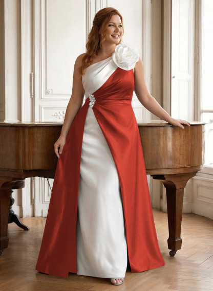 Unique Flower(s) One-Shoulder Overskirt Floor-Length Satin Mother Of The Bride Dresses, product image 57