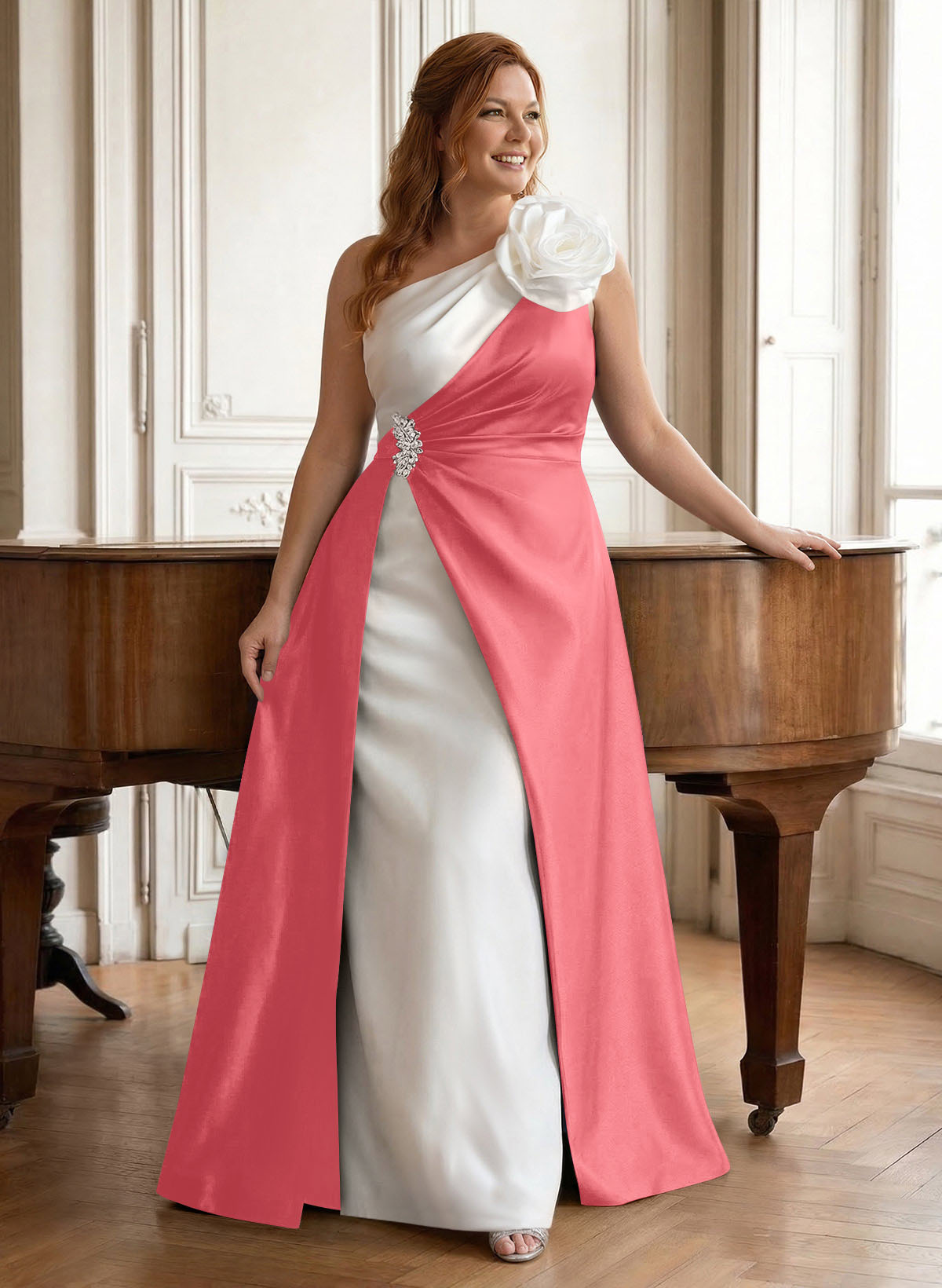 Unique Flower(s) One-Shoulder Overskirt Floor-Length Satin Mother Of The Bride Dresses, product image 59