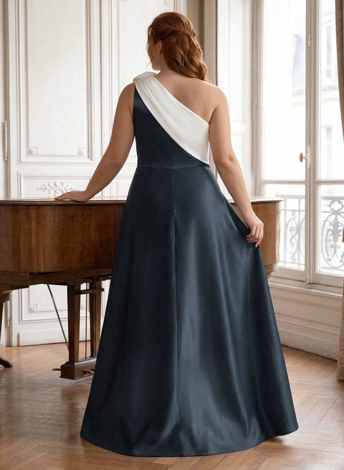 Unique Flower(s) One-Shoulder Overskirt Floor-Length Satin Mother Of The Bride Dresses, product image 2