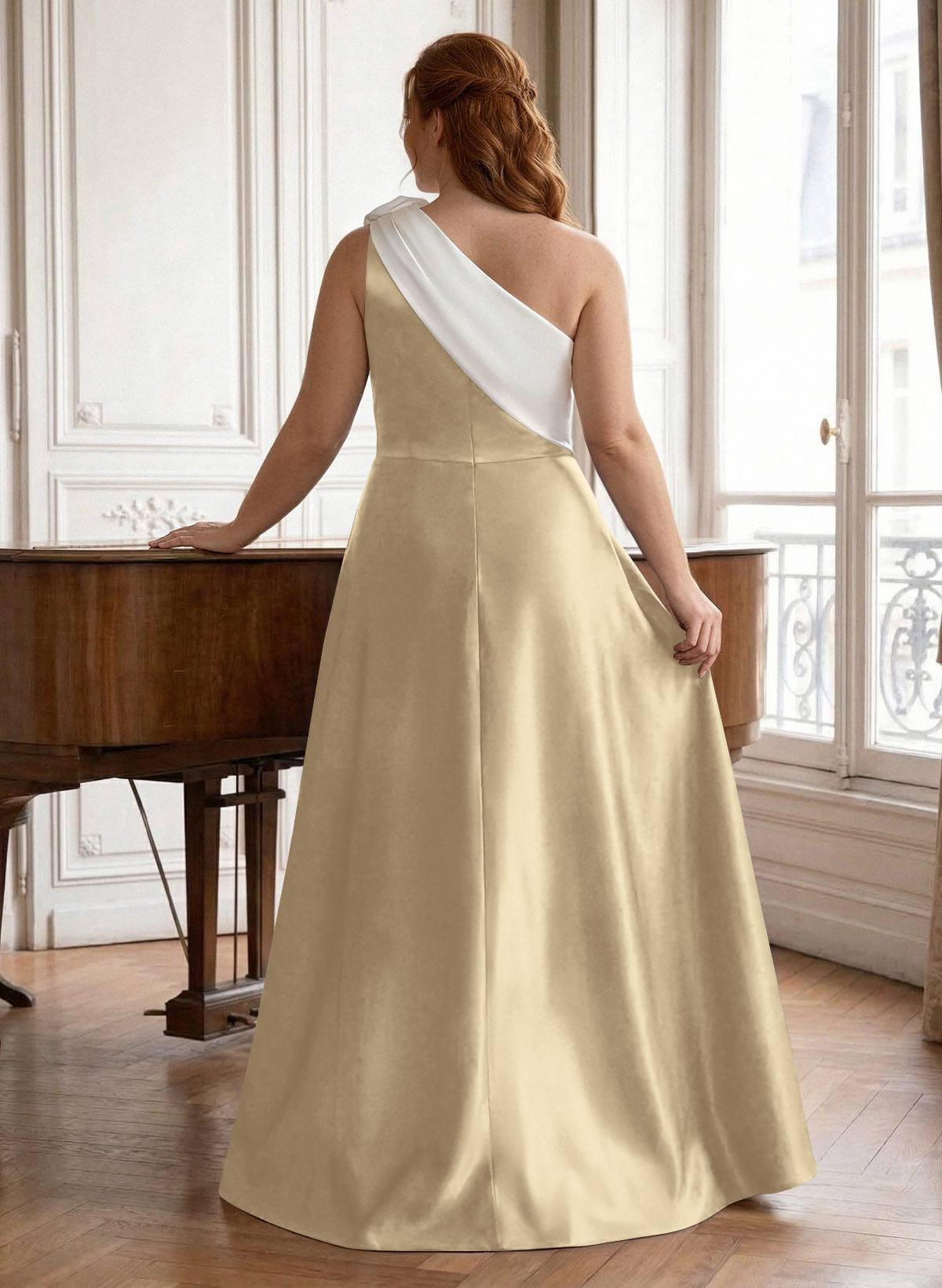 Unique Flower(s) One-Shoulder Overskirt Floor-Length Satin Mother Of The Bride Dresses, product image 6