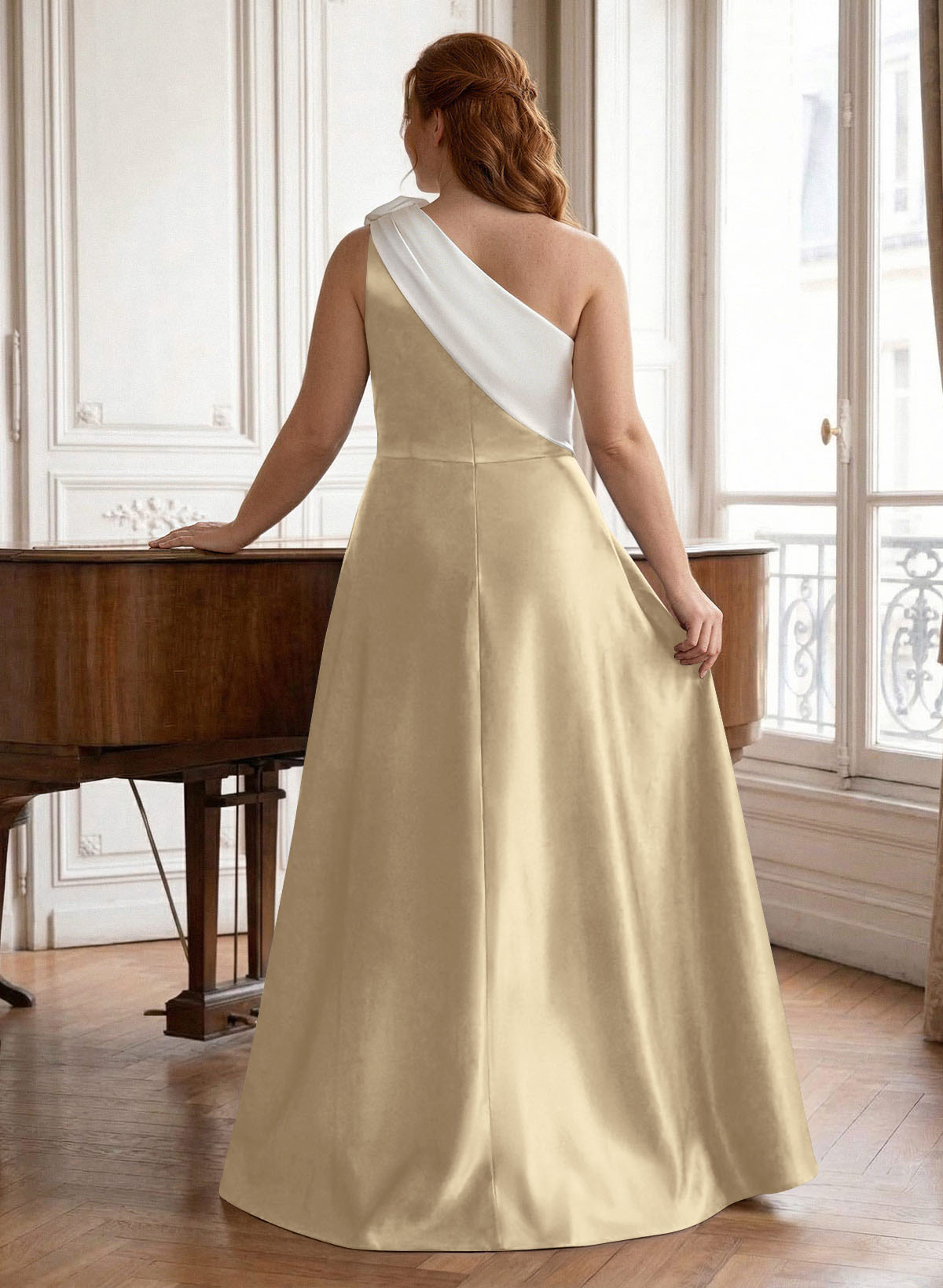 Unique Flower(s) One-Shoulder Overskirt Floor-Length Satin Mother Of The Bride Dresses, product image 6