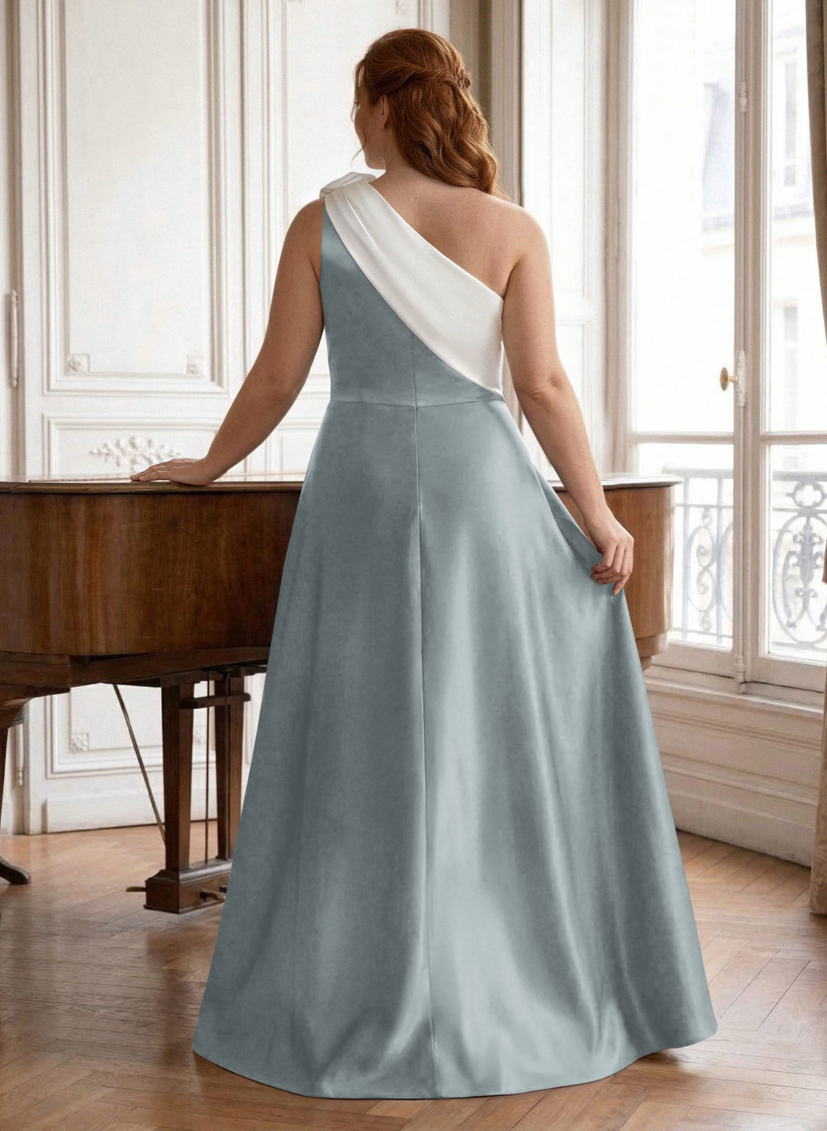 Unique Flower(s) One-Shoulder Overskirt Floor-Length Satin Mother Of The Bride Dresses, product image 16