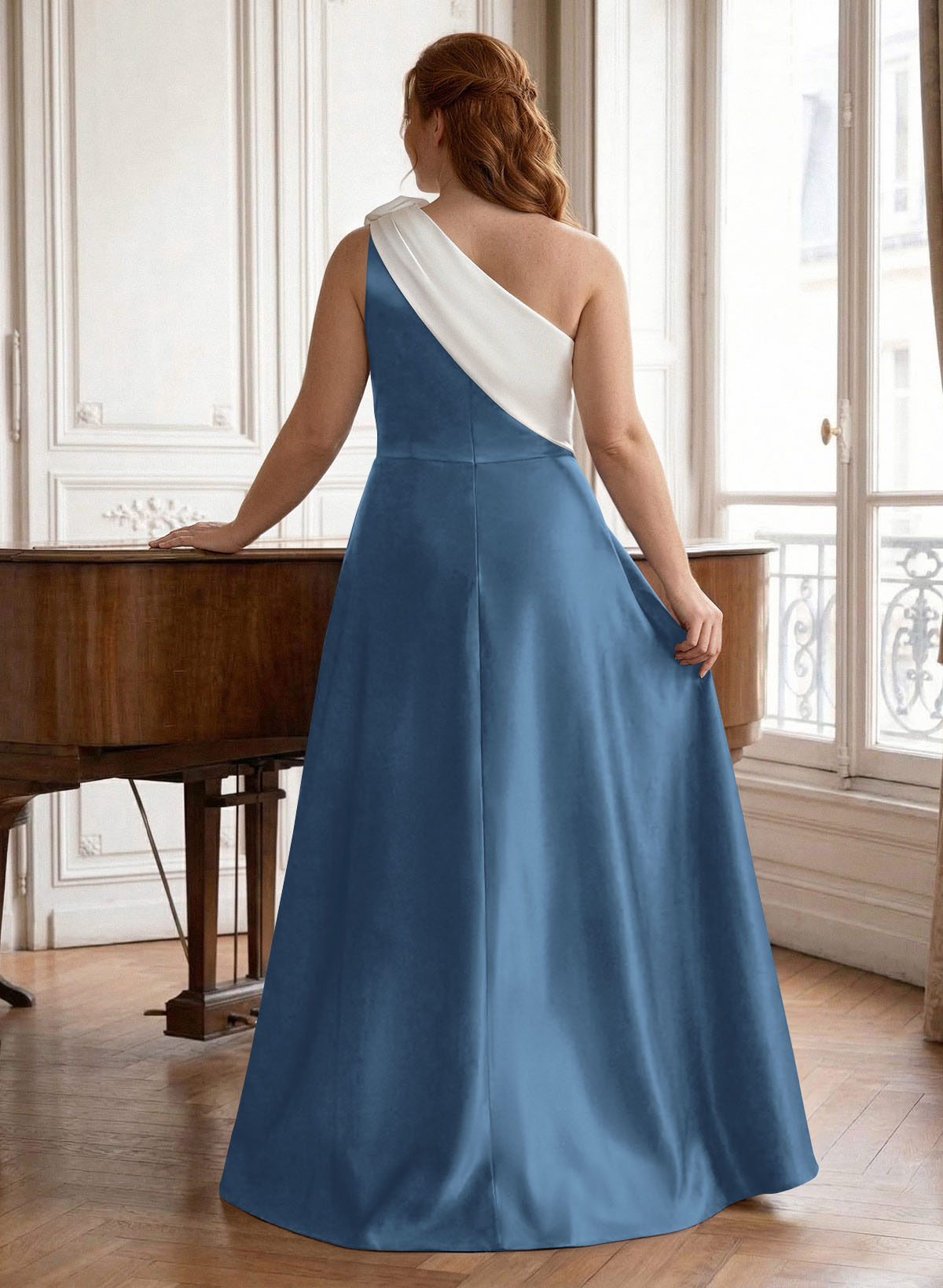 Unique Flower(s) One-Shoulder Overskirt Floor-Length Satin Mother Of The Bride Dresses, product image 12